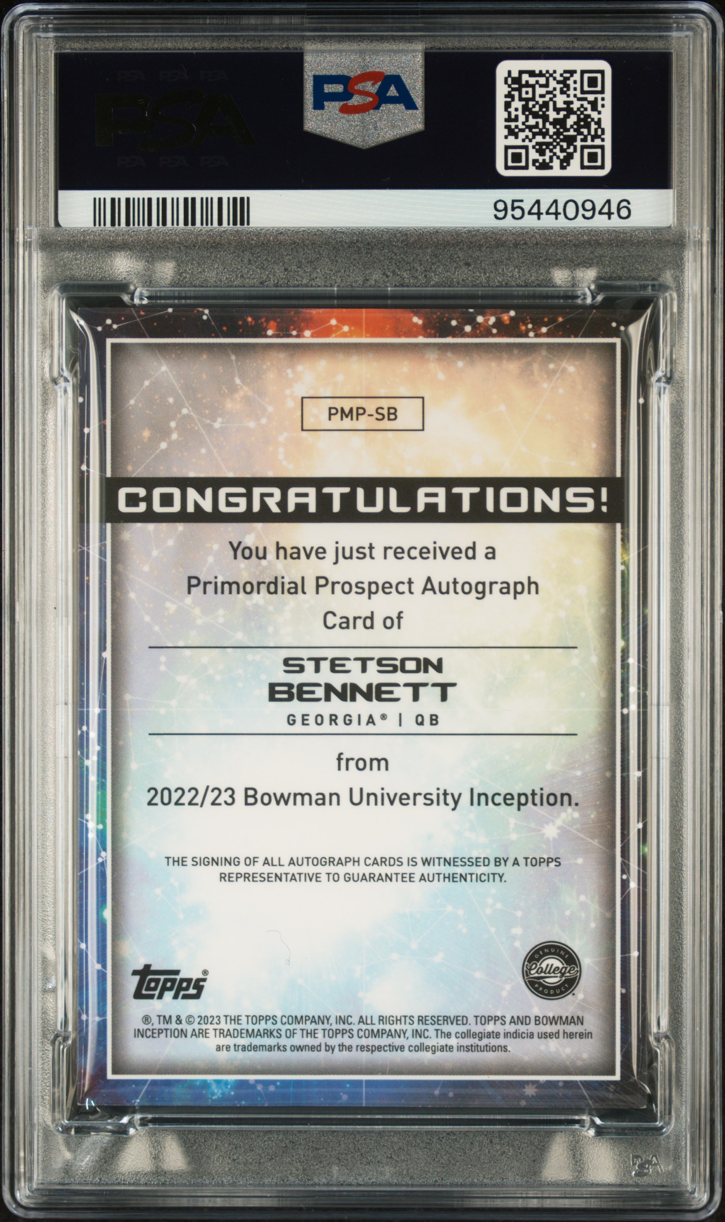 2022 Bowman University Inception Primordial Prospect Autographs Stetson Bennett #Sb (Primordial Prospect Auto) Nm-Mt 8 back