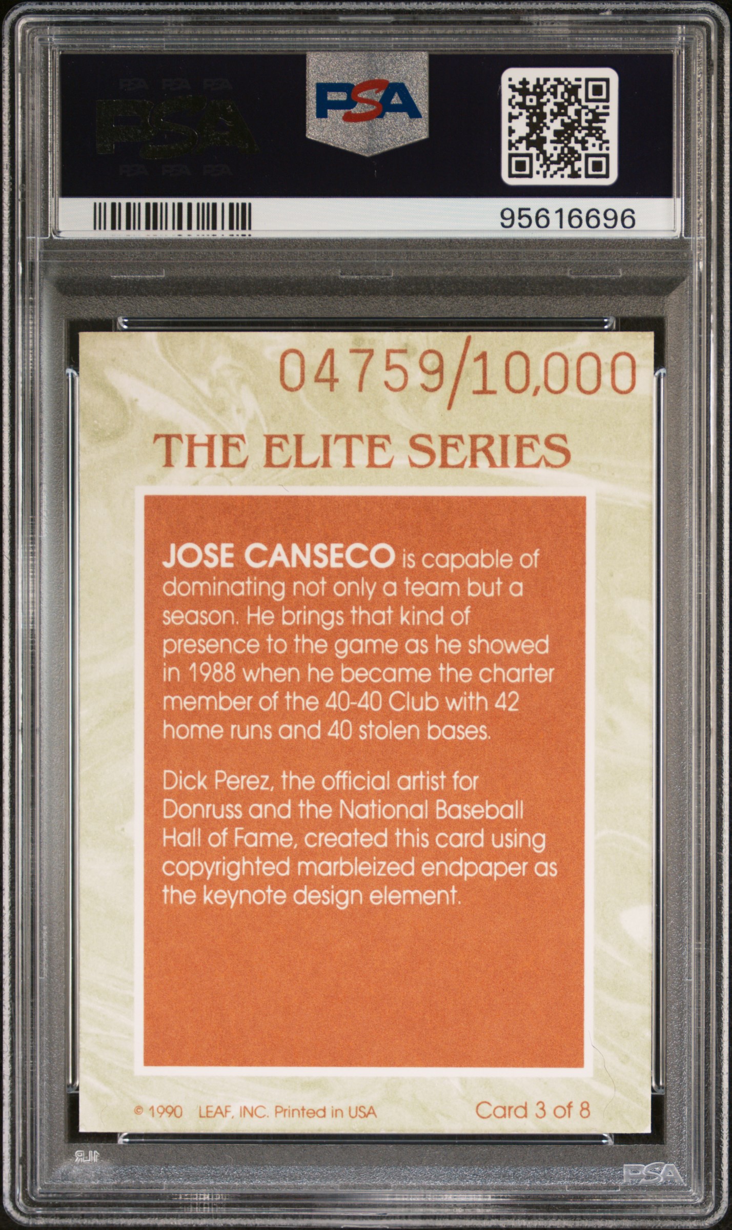 1991 Donruss Elite Jose Canseco #3 Ex-Mt 6 back