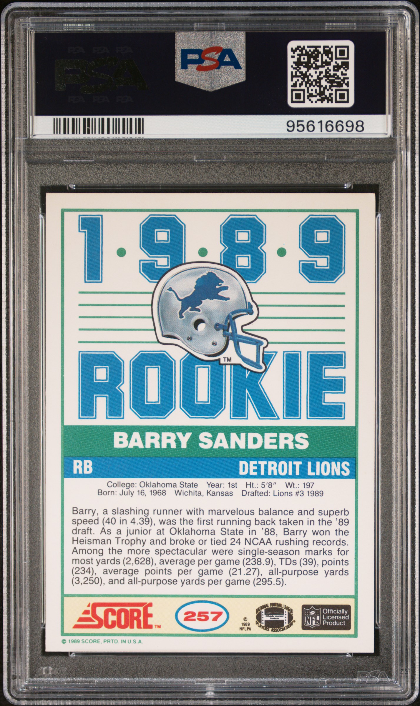 1989 Score Barry Sanders #257 Nm 7 back