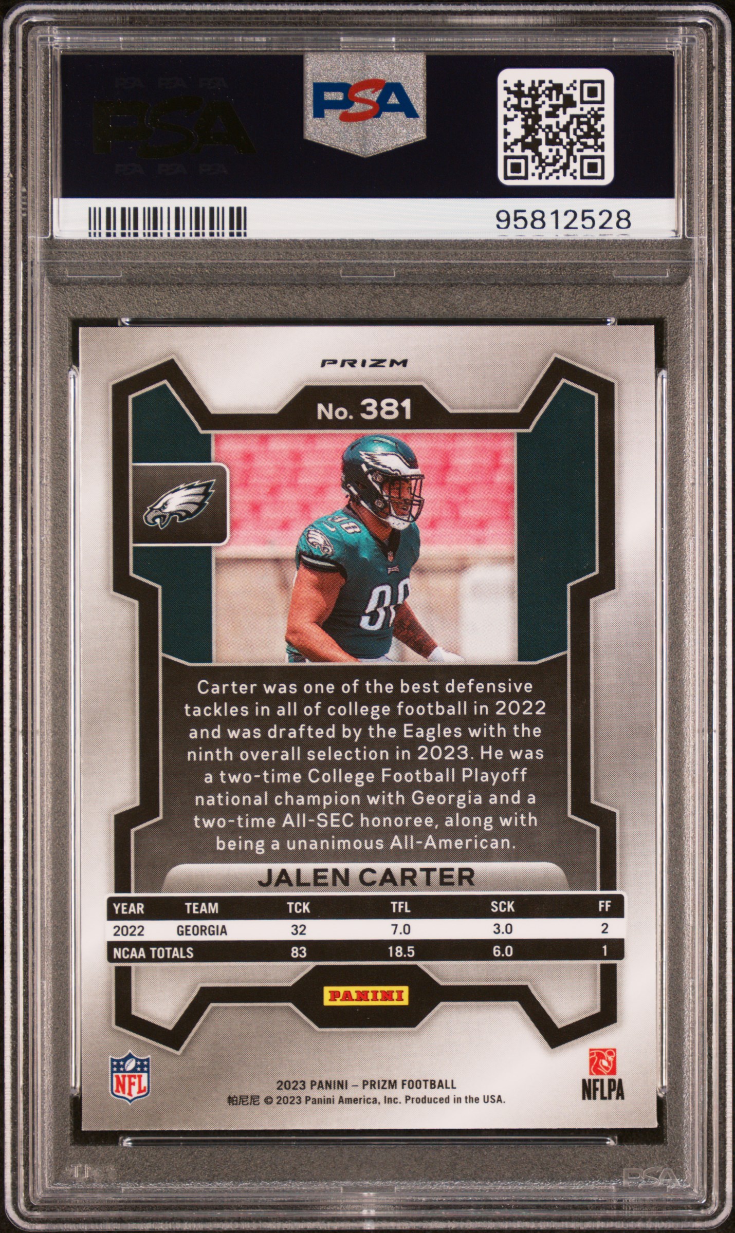 2023 Panini Prizm Jalen Carter #381 (Black & Red Checker) Gem Mt 10 back