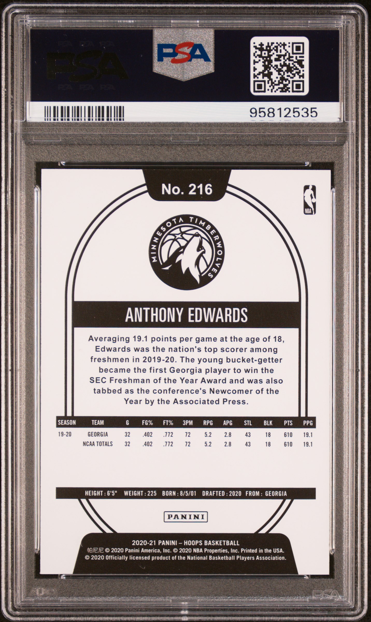 2020 Panini Hoops Anthony Edwards #216 Gem Mt 10 back
