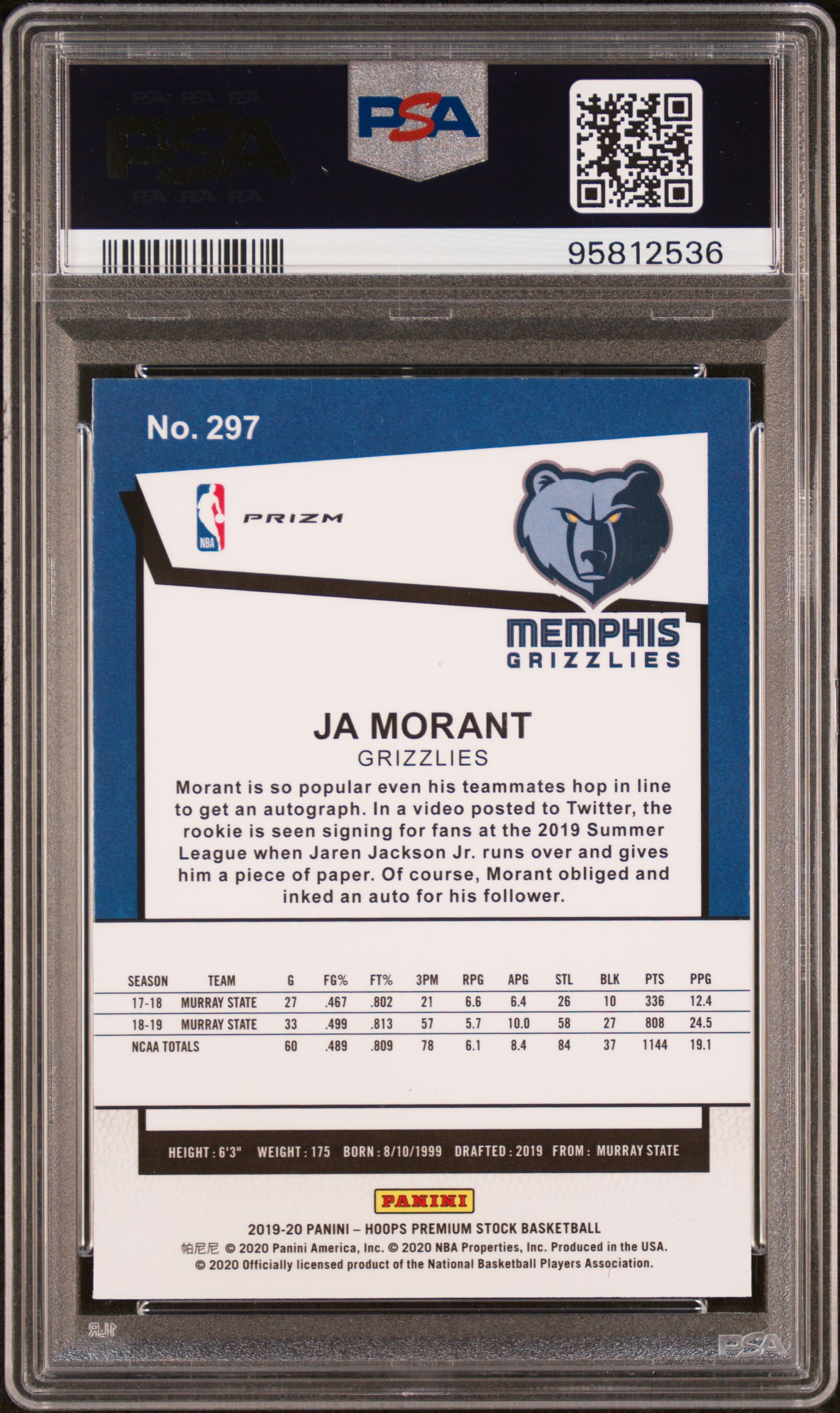2019 Panini Hoops Premium Stock Ja Morant #297 (Silver Prizm) Gem Mt 10 back