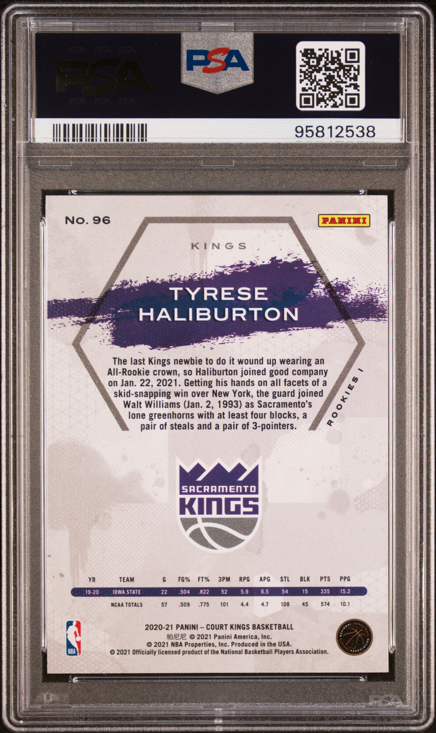 2020 Panini Court Kings Tyrese Haliburton #96 Gem Mt 10 back
