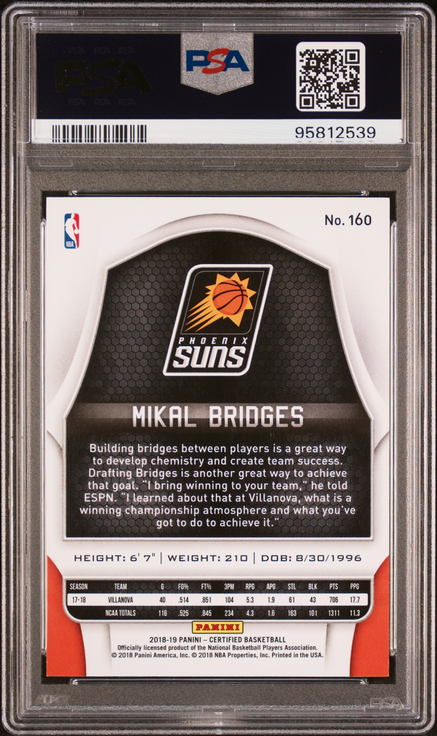 2018 Panini Certified Mikal Bridges #160 (Mirror Orange) Mint 9 back