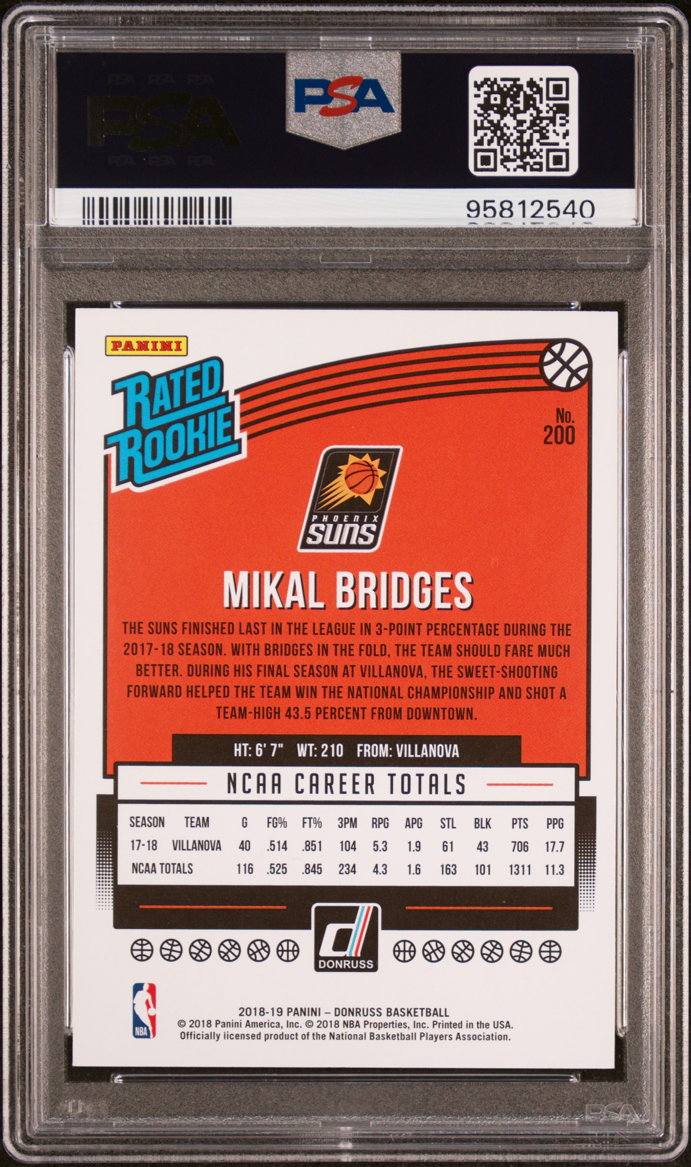 2018 Panini Donruss Mikal Bridges #200 (Orange Laser) Gem Mt 10 back