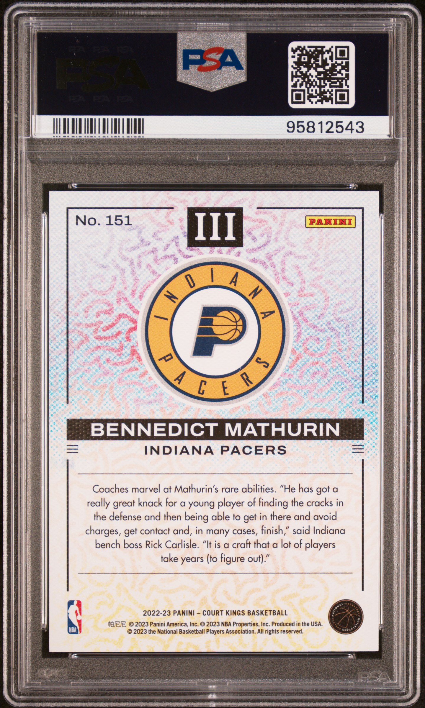 2022 Panini Court Kings Bennedict Mathurin #151 Gem Mt 10 back