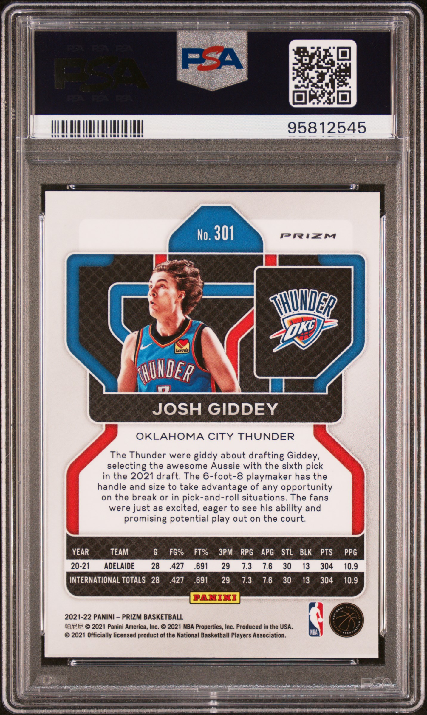 2021 Panini Prizm Josh Giddey #301 (Silver Prizm) Mint 9 back