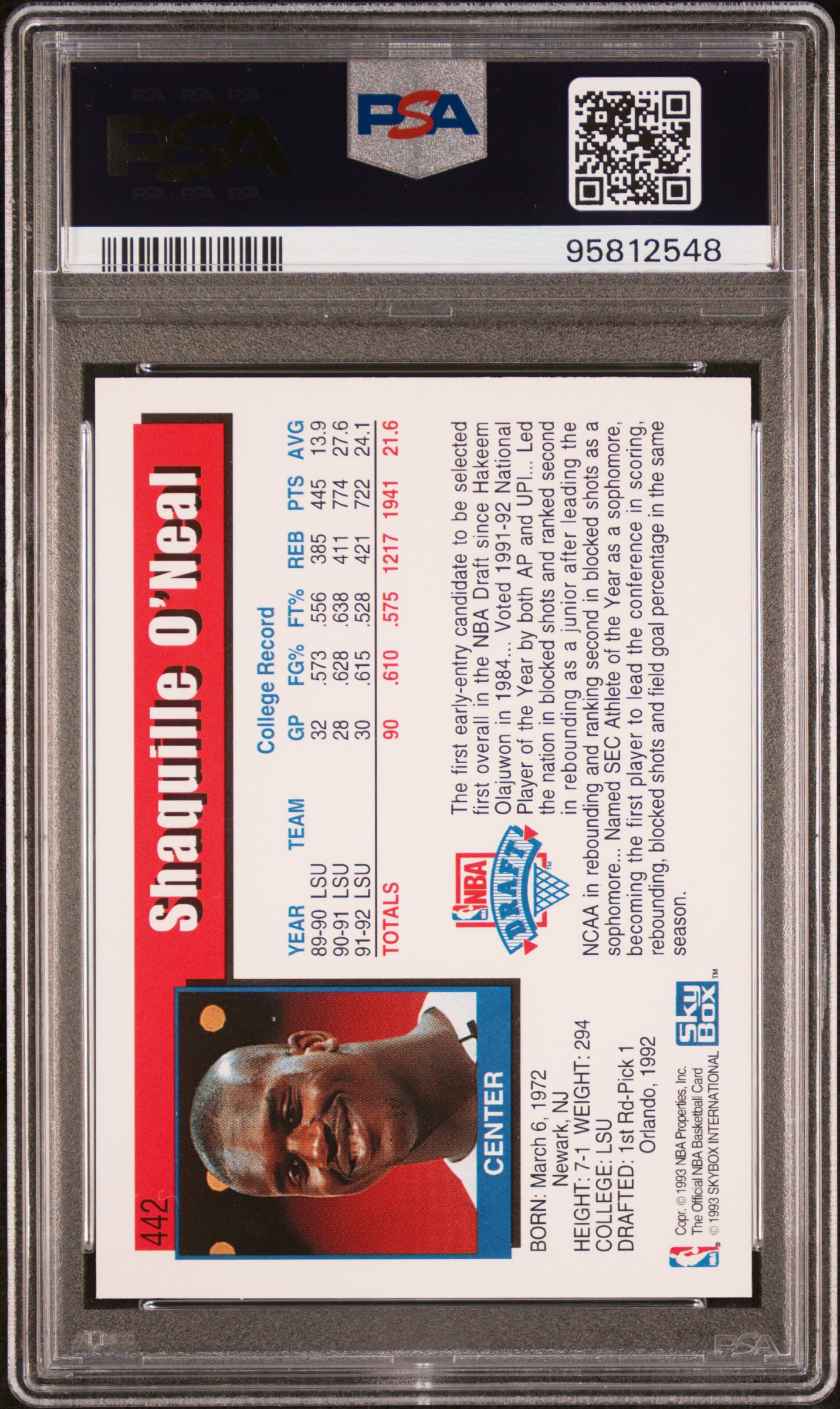 1992 Hoops Shaquille O'neal #442 Mint 9 back