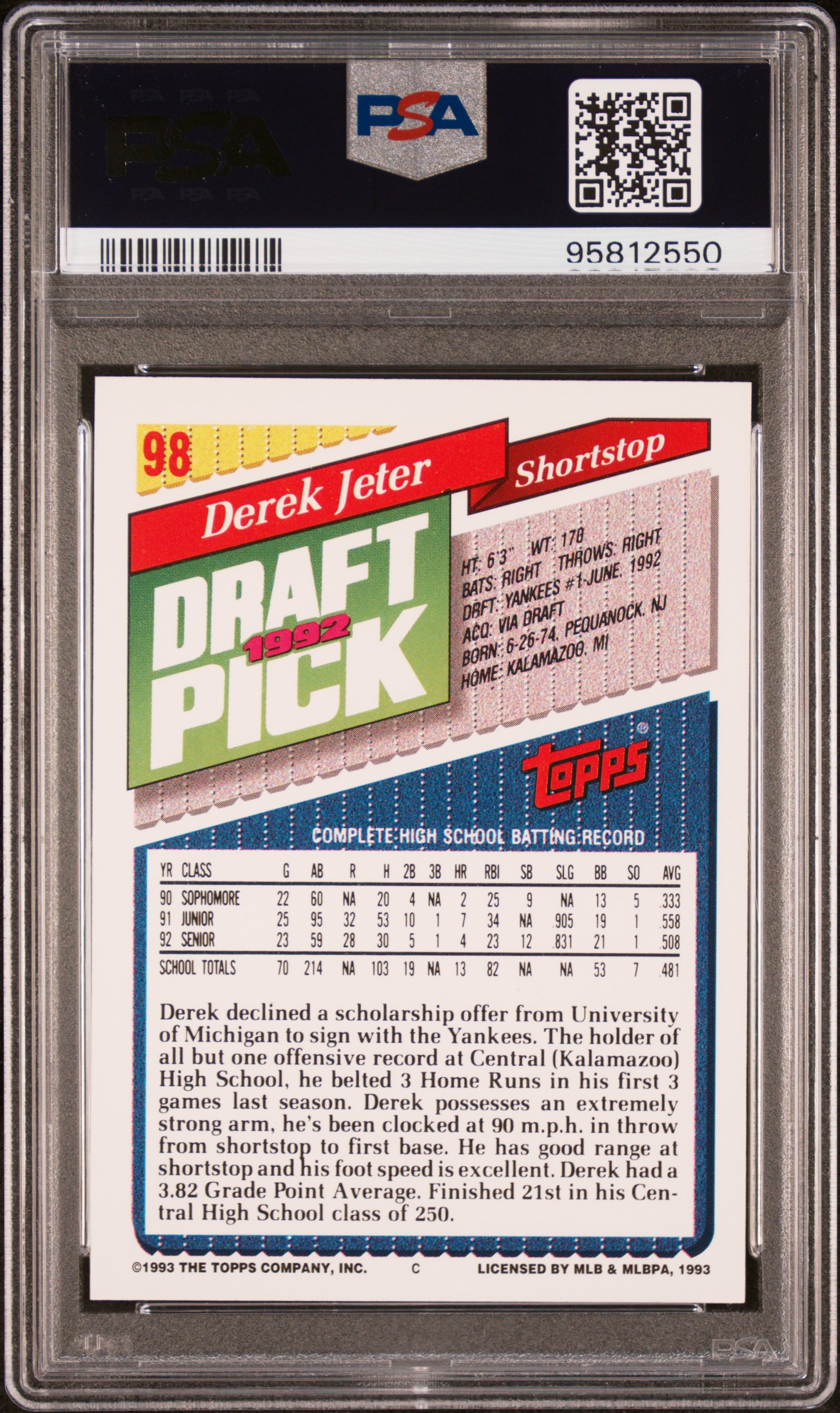 1993 Topps Derek Jeter #98 Mint 9 back