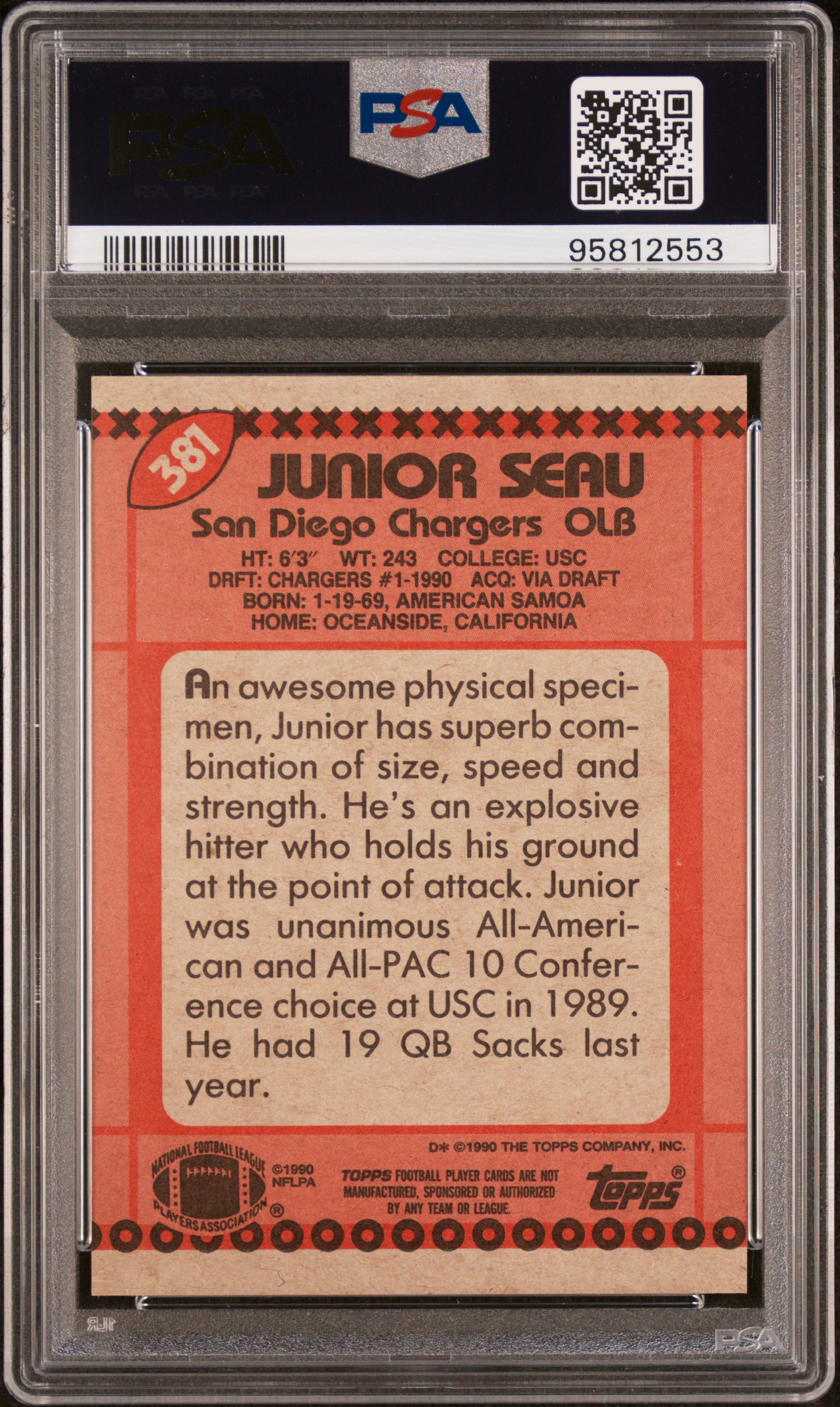 1990 Topps Junior Seau #381 (Disclaimer Back) Mint 9 back