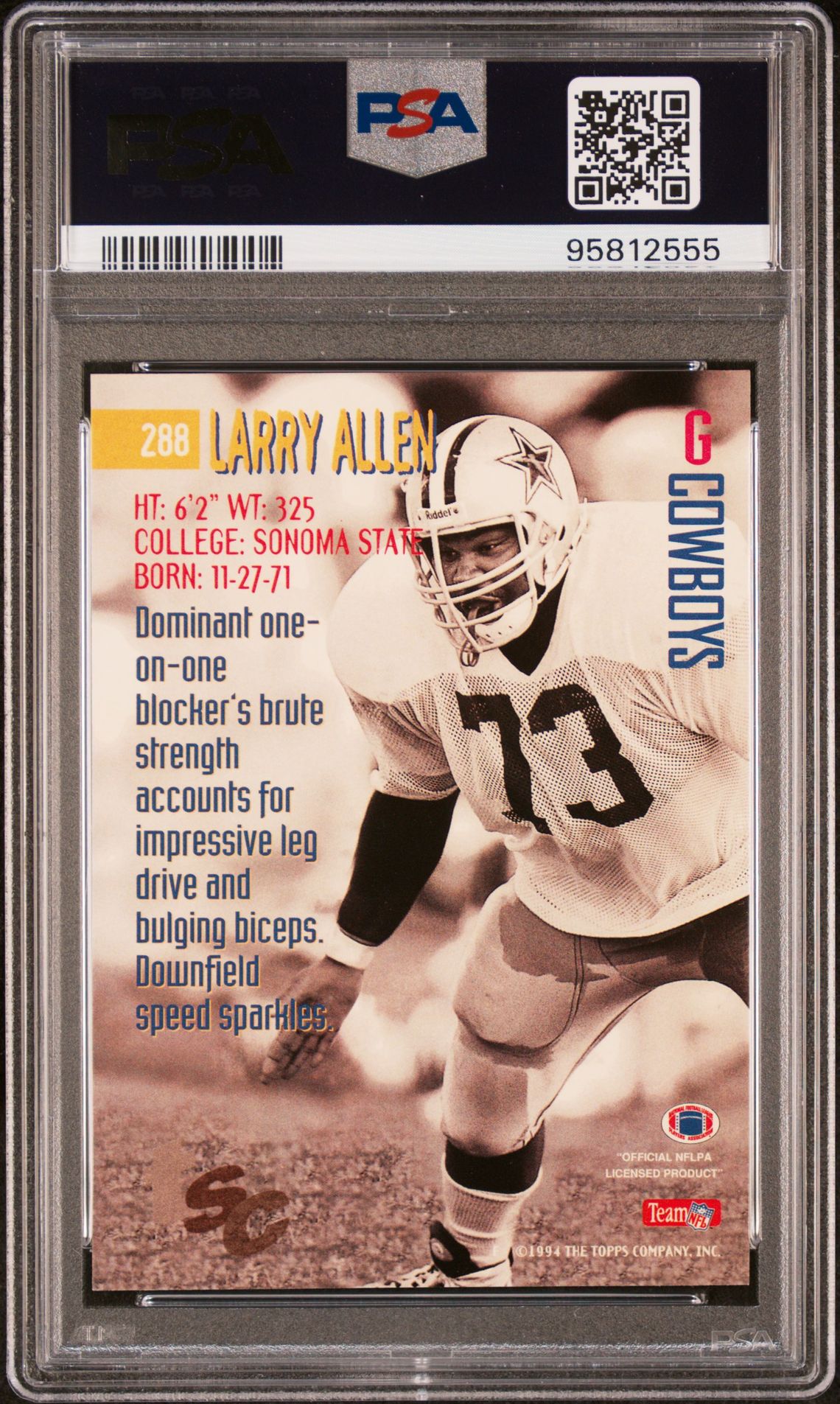 1994 Stadium Club Super Teams Super Bowl Larry Allen #288 (Super Teams Super Bowl) Gem Mt 10 back view - PSA certificate #95812555