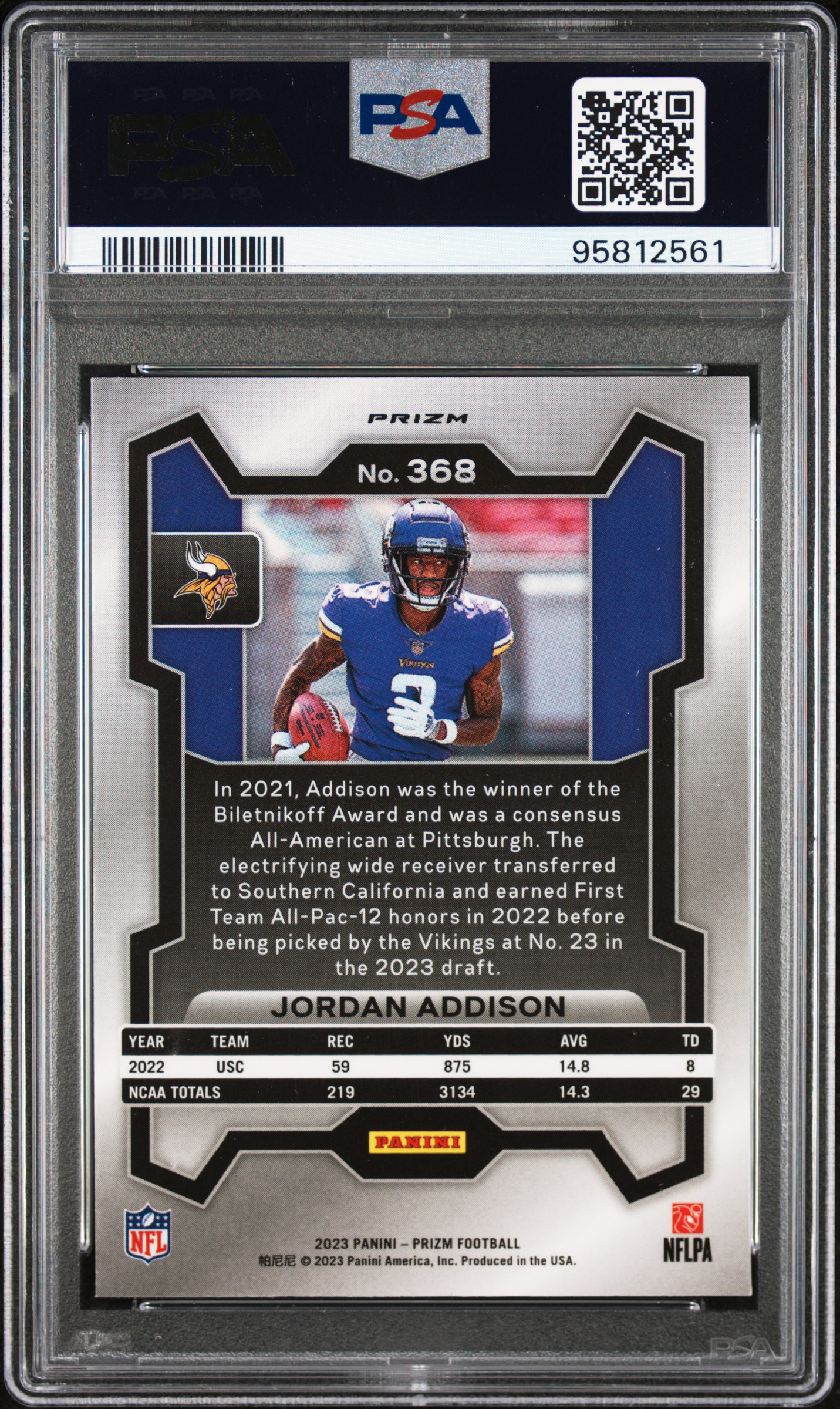 2023 Panini Prizm Jordan Addison #368 (Lazer Prizm) Gem Mt 10 back