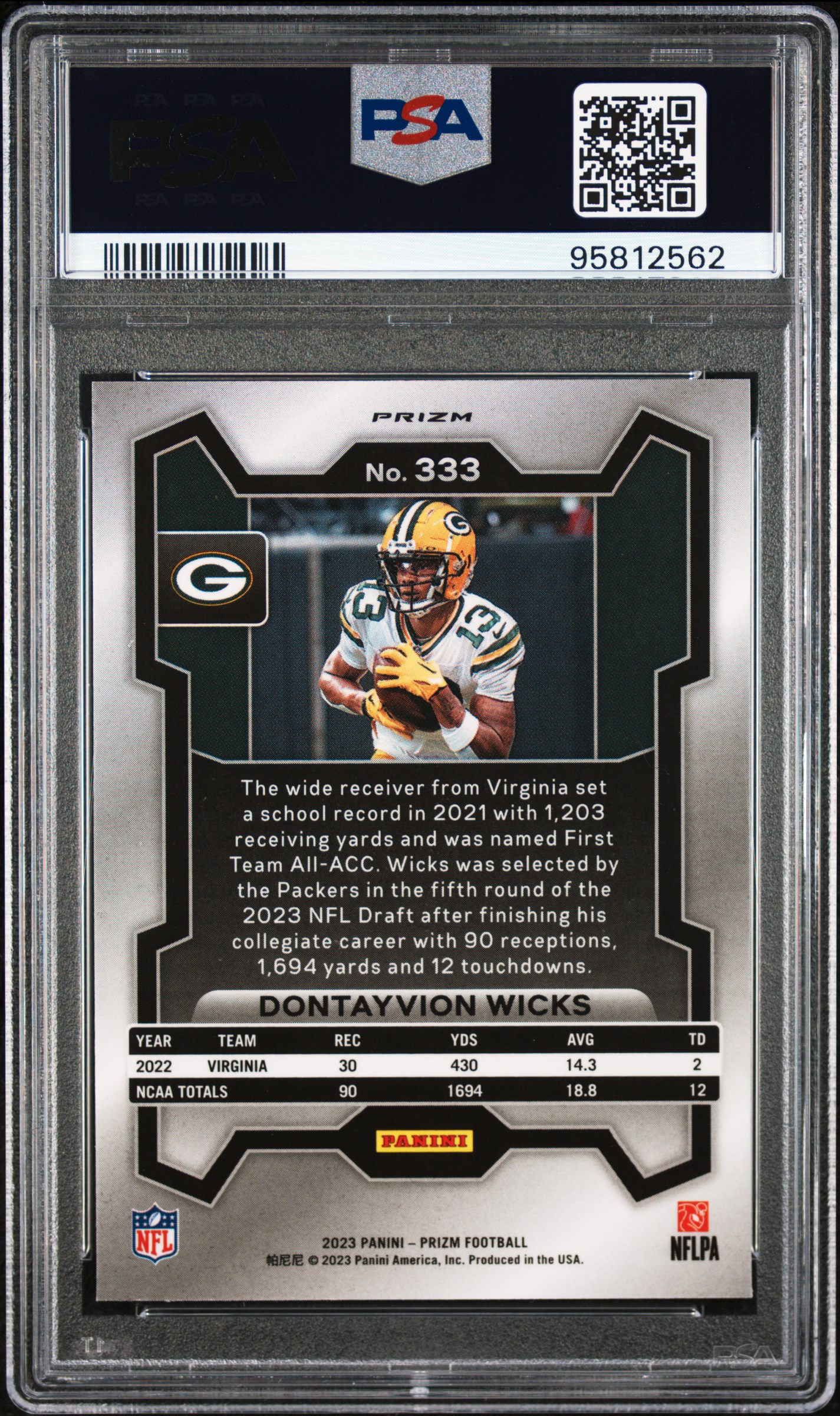 2023 Panini Prizm Dontayvion Wicks #333 (Silver Prizm) Mint 9 back