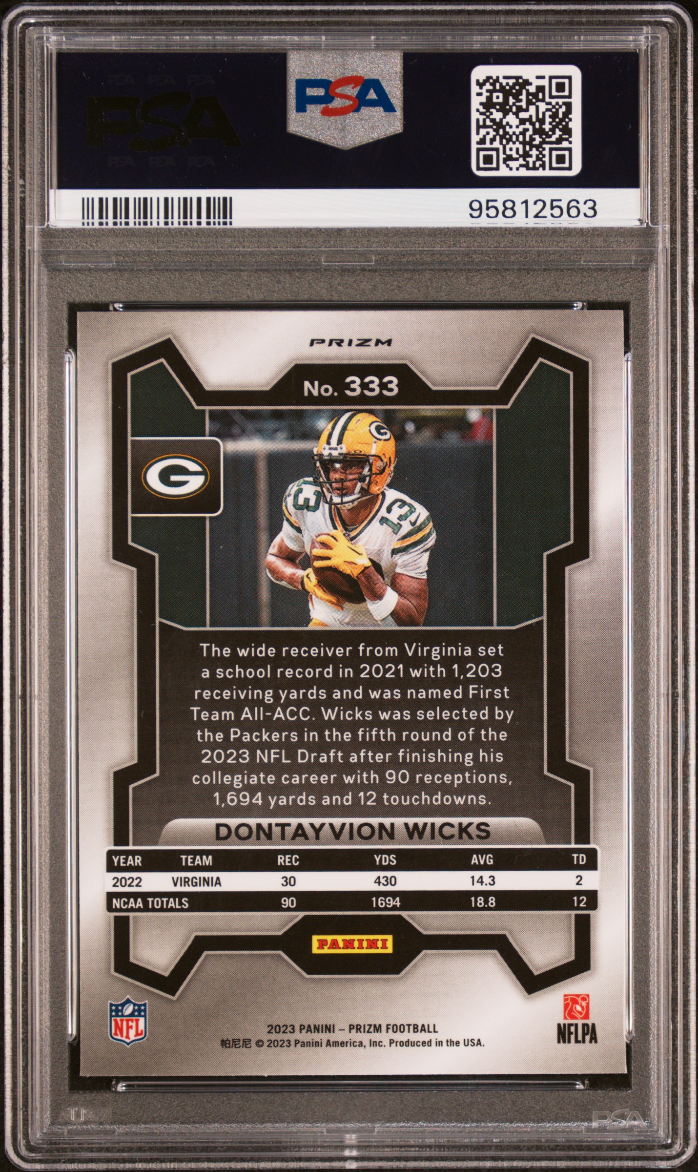 2023 Panini Prizm Dontayvion Wicks #333 (Lazer Prizm) Gem Mt 10 back