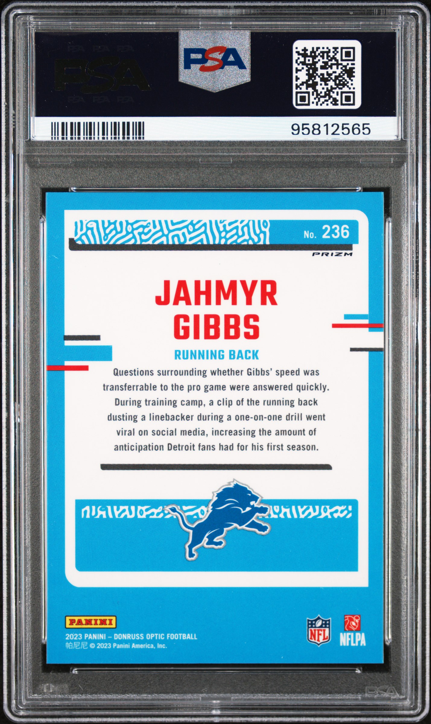 2023 Panini Donruss Optic Jahmyr Gibbs #236 (Holo) Gem Mt 10 back