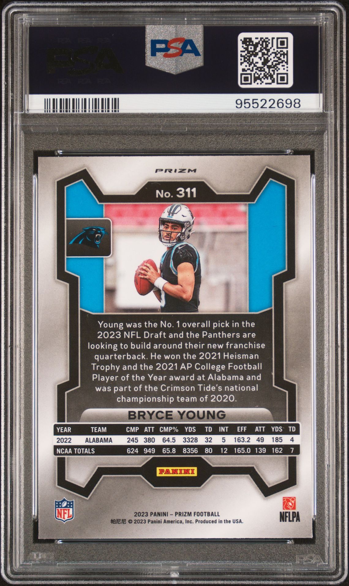 2023 Panini Prizm Bryce Young #311 (Silver Prizm) Gem Mt 10 back view - PSA certificate #95522698