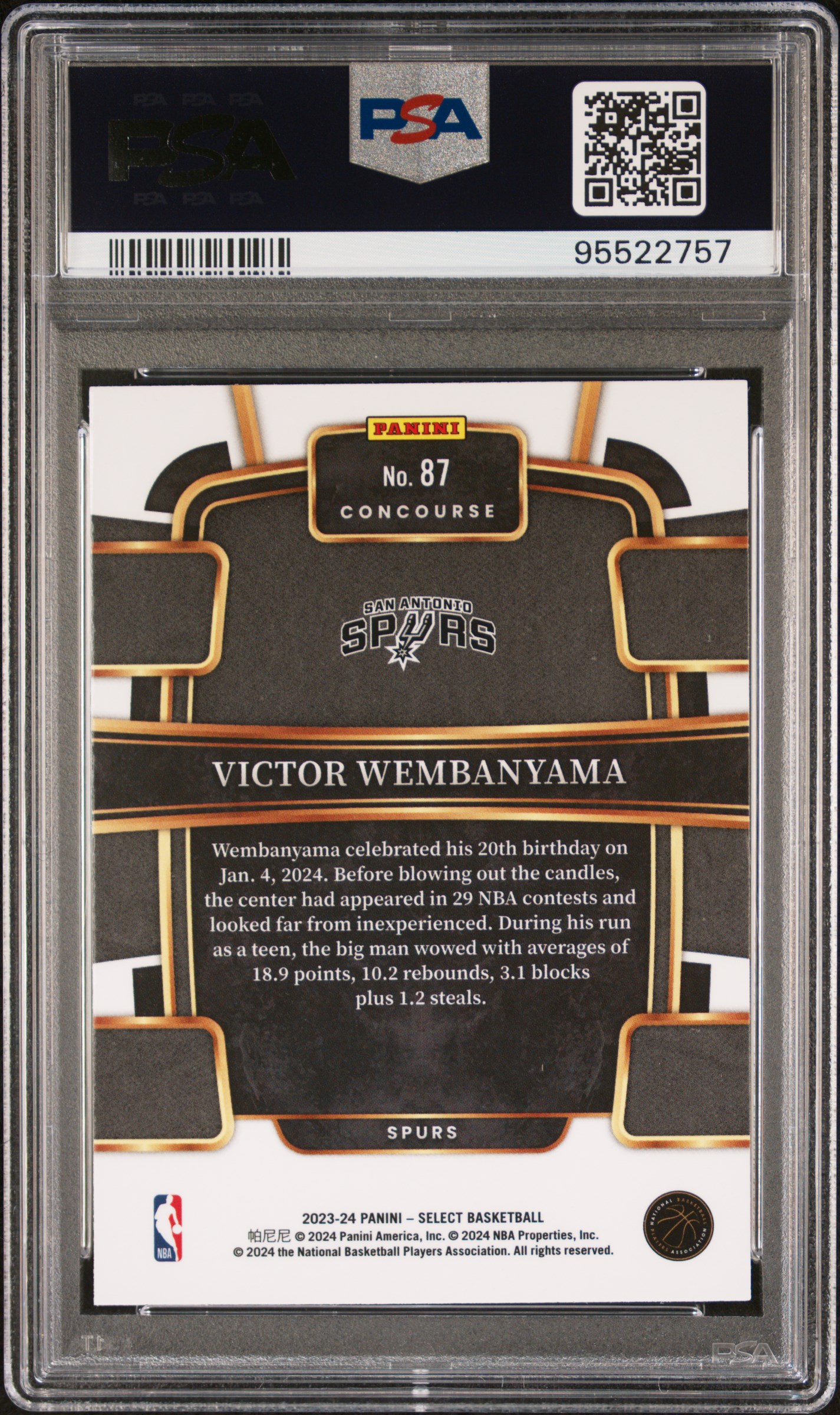 2023 Panini Select Victor Wembanyama #87 (Blue) Gem Mt 10 back