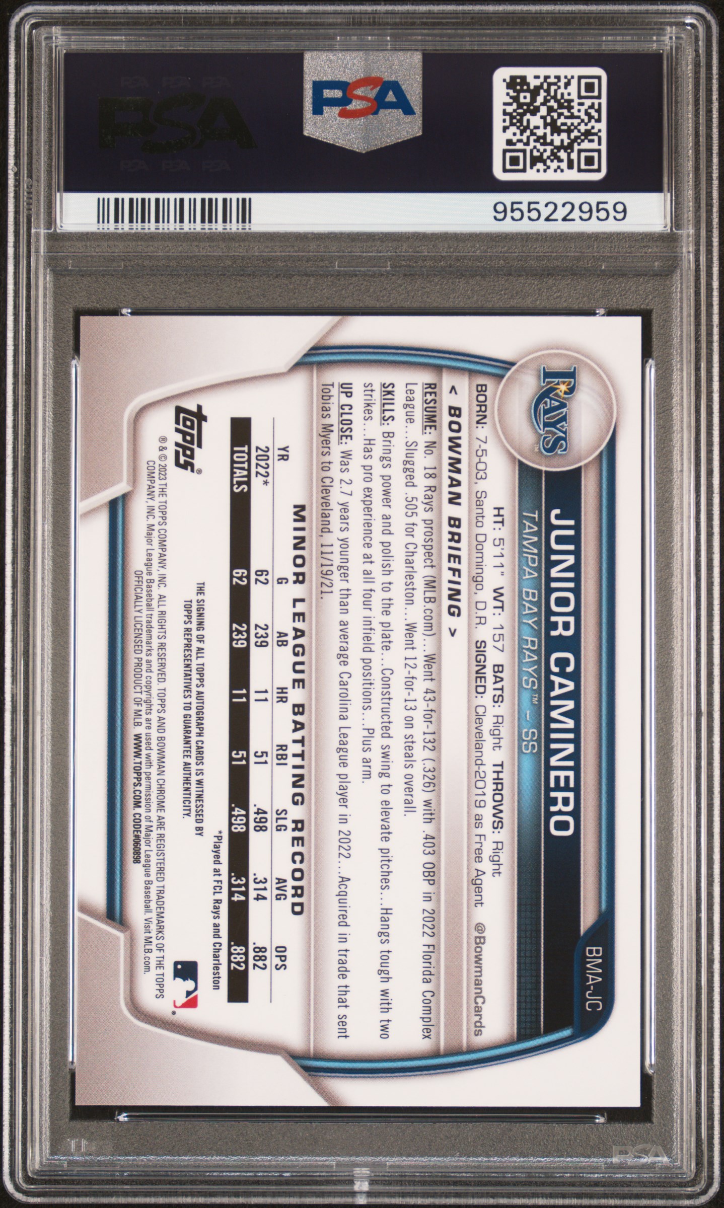 2023 Bowman Mega Box Chrome Prospect Autographs Junior Caminero #Jc (Chrome-Prospect Autograph) Gem Mt 10 back