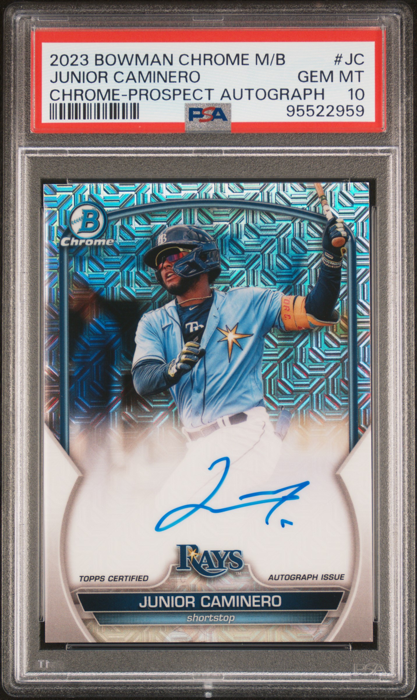 2023 Bowman Mega Box Chrome Prospect Autographs Junior Caminero #Jc (Chrome-Prospect Autograph) Gem Mt 10 front