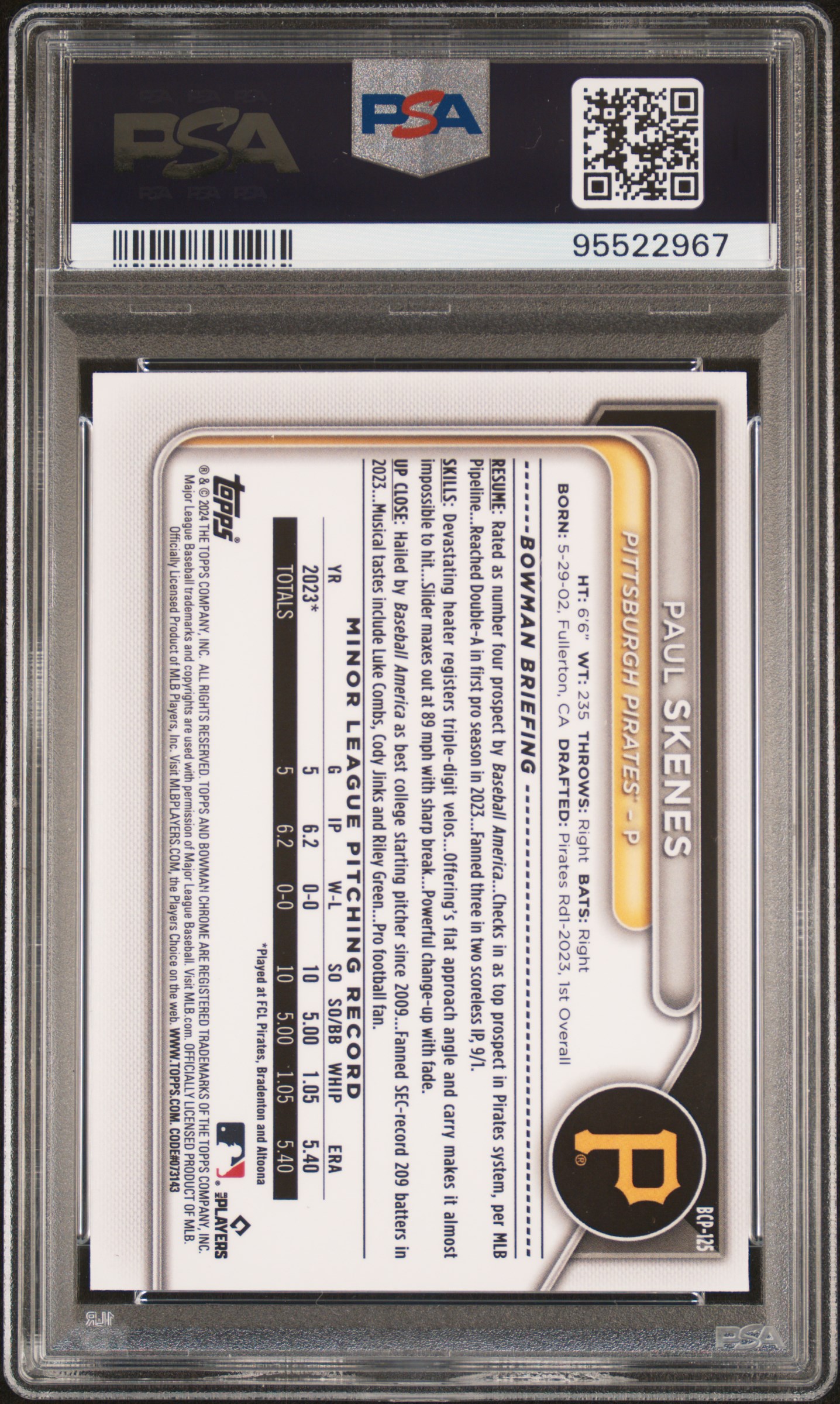 2024 Bowman Chrome Prospects Paul Skenes #Bcp125 (Chr Prspcts-Lunar Glow Ref) Mint 9 back