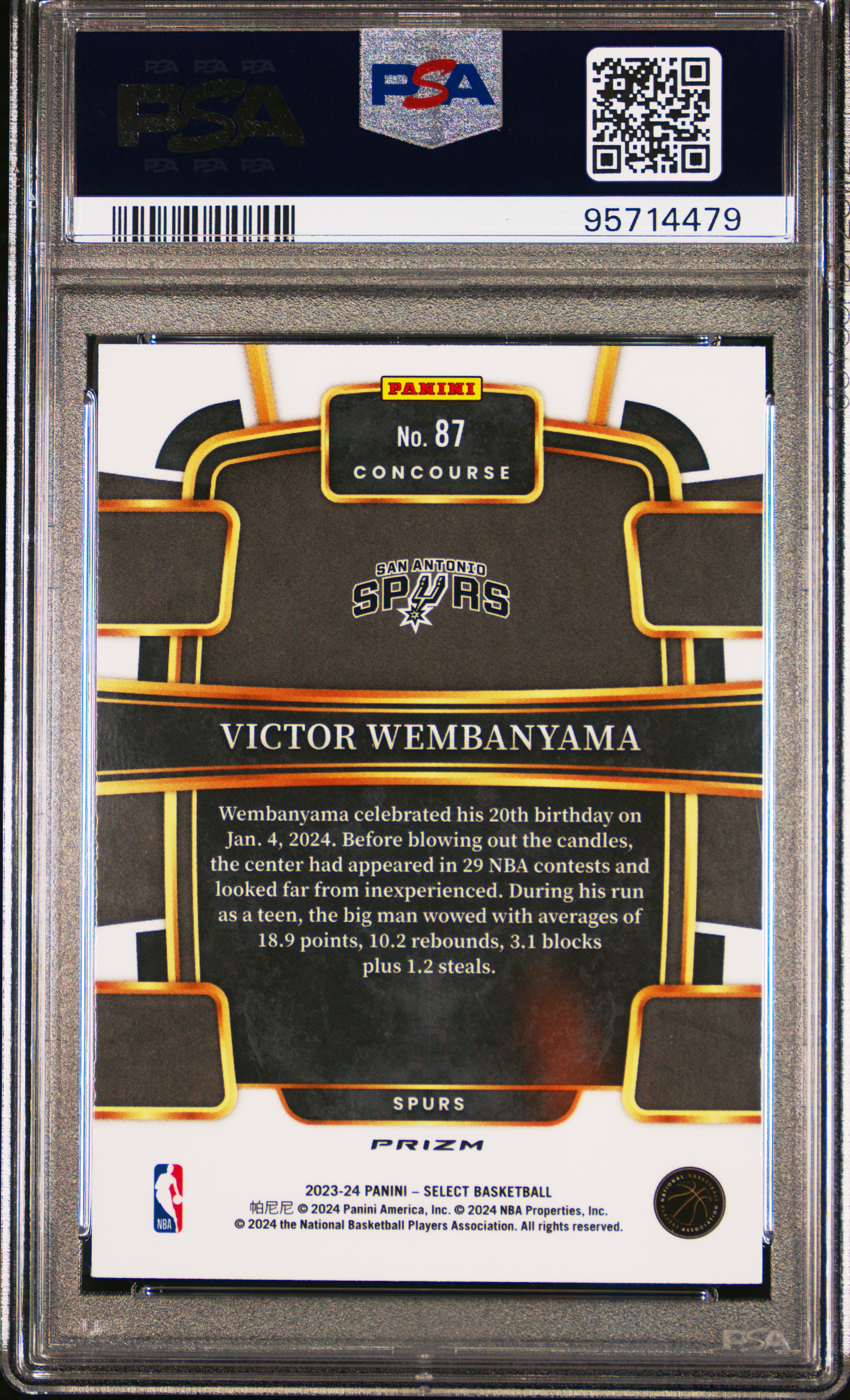 2023 Panini Select Victor Wembanyama #87 (Silver Prizm) Gem Mt 10 back