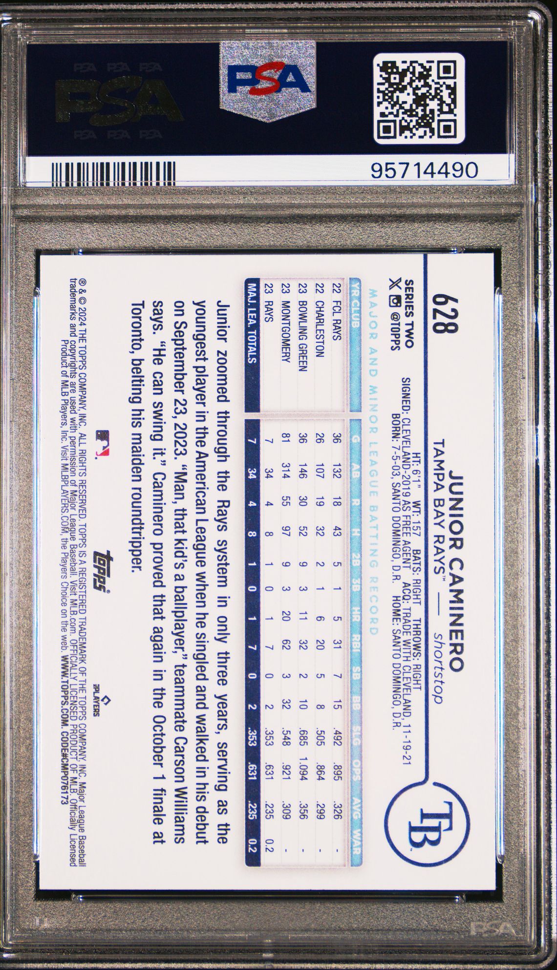 2024 Topps Junior Caminero #628 Mint 9 back
