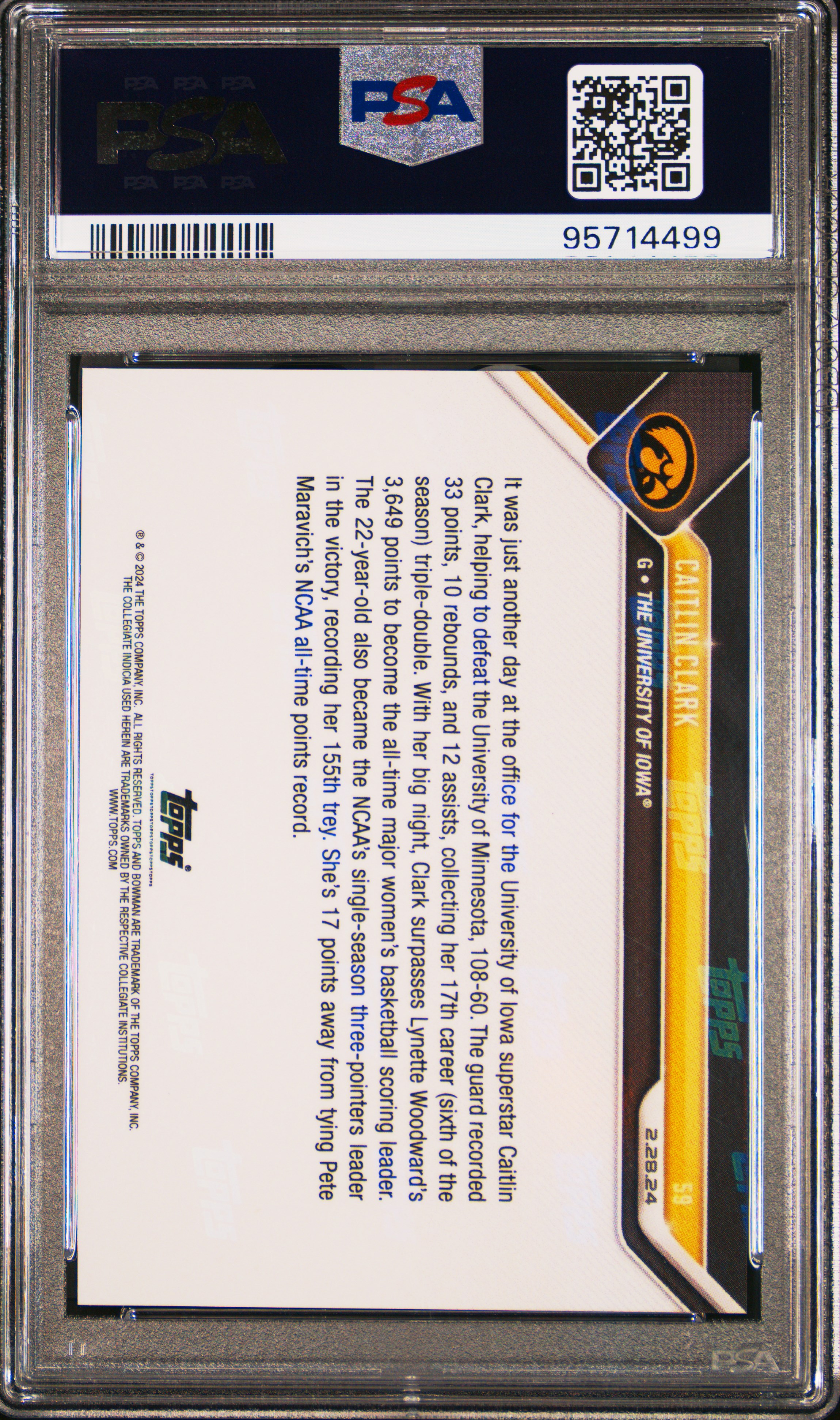 2023 Bowman U Now Caitlin Clark #59 Gem Mt 10 back