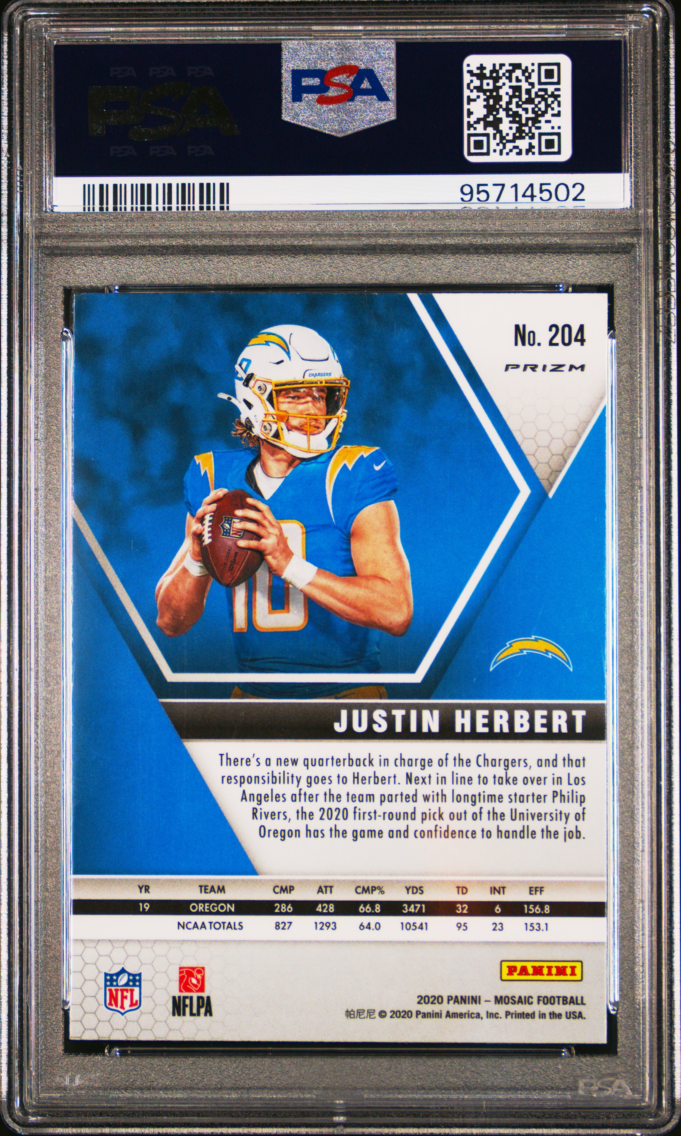 2020 Panini Mosaic Justin Herbert #204 (Reactive Orange) Gem Mt 10 back