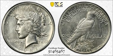 1921 $1 High Relief, Peace N1