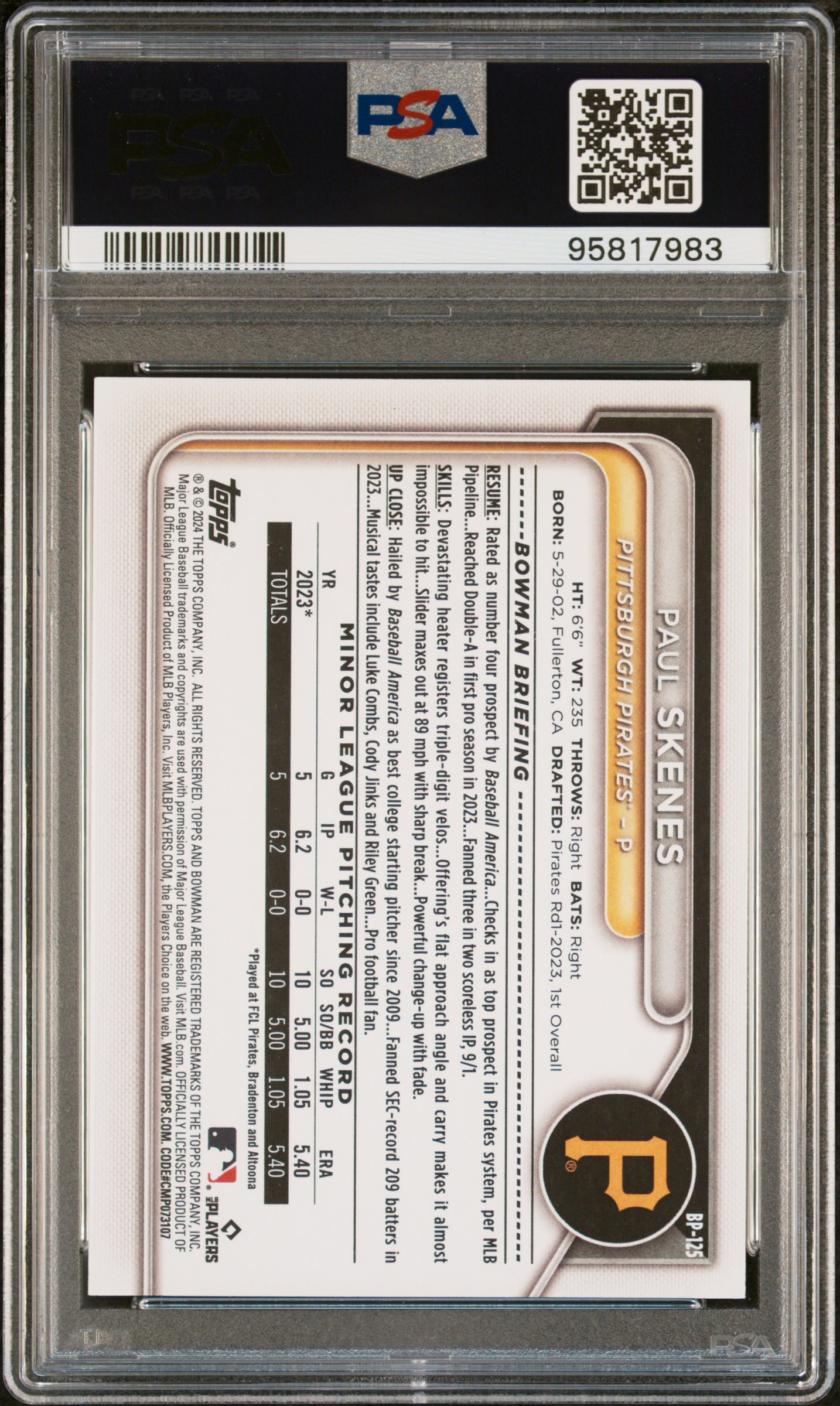 2024 Bowman Paper Prospects Paul Skenes #Bp125 Gem Mt 10 back