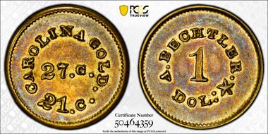 (1842-50) G$1 A. Bechtler 27 Grains, 21 Carat PE AU58+