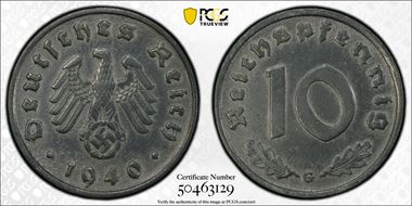 1940-G 10 Pfg J-371 Regular Issue AU50