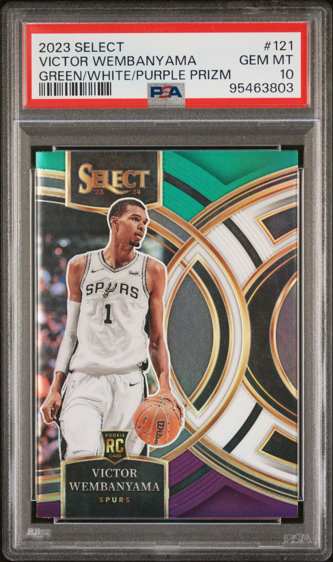 2023 Panini Select Victor Wembanyama #121 (Green/White/Purple Prizm) Gem Mt 10 front view - PSA graded GEM MT 10
