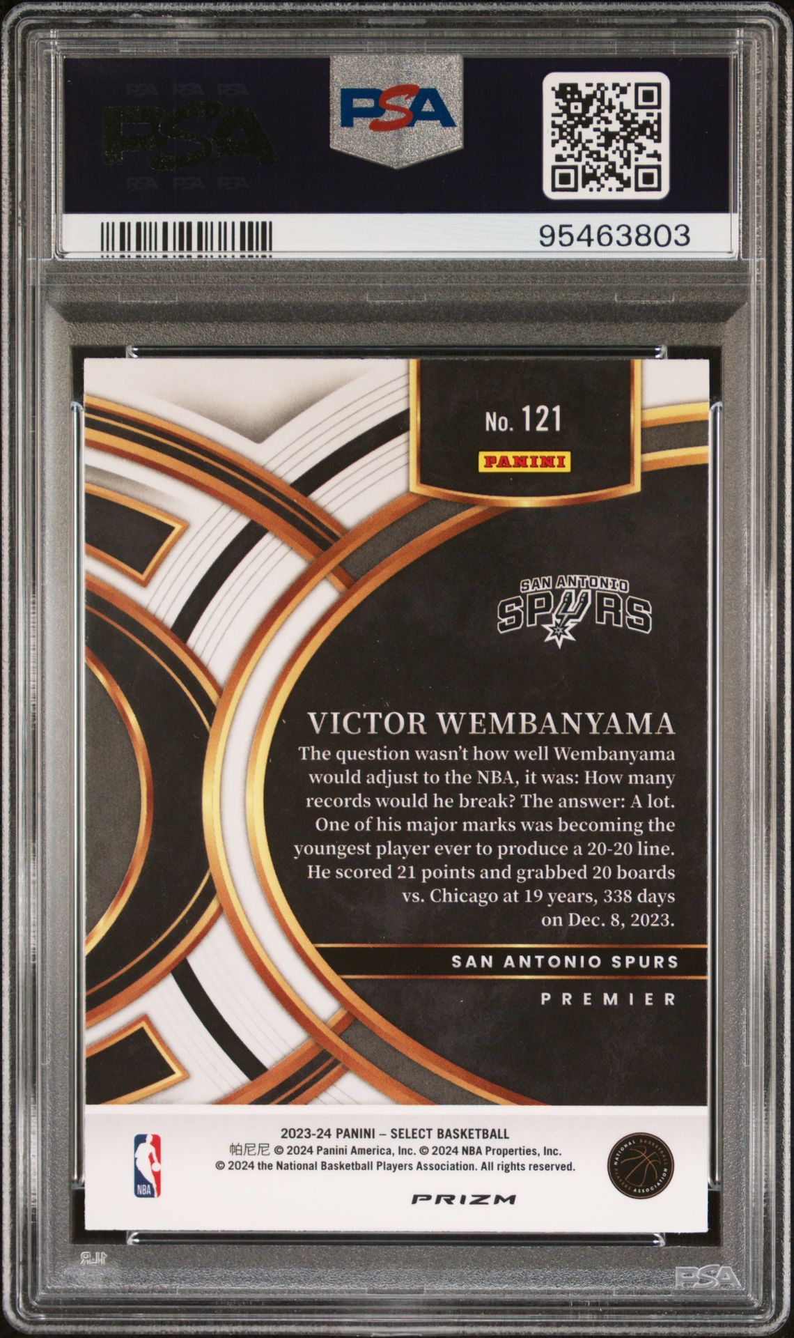 2023 Panini Select Victor Wembanyama #121 (Green/White/Purple Prizm) Gem Mt 10 back view - PSA certificate #95463803