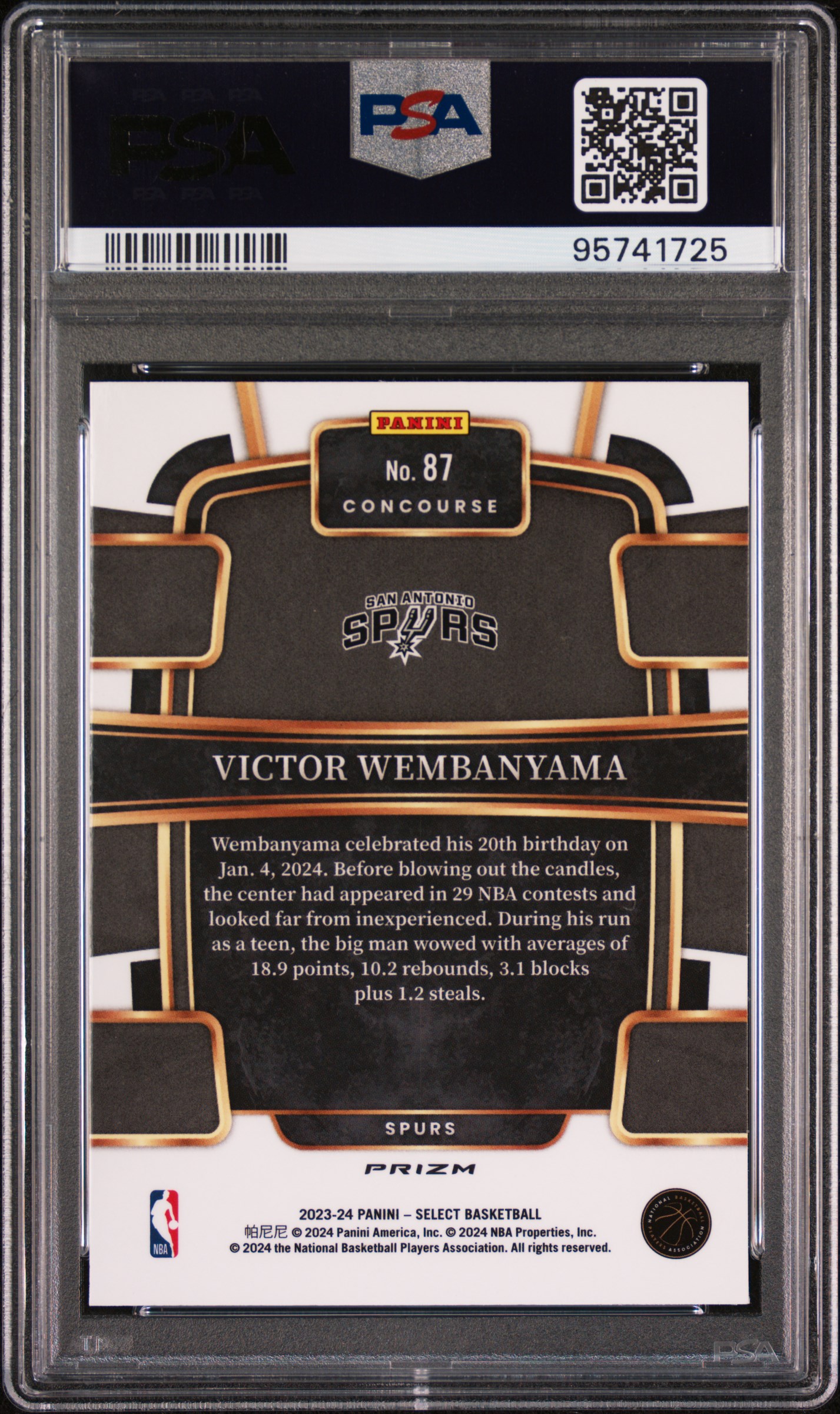 2023 Panini Select Victor Wembanyama #87 (Tectonic) Gem Mt 10 back