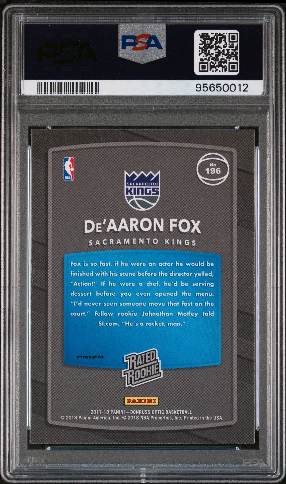 2017 Panini Donruss Optic De'aaron Fox #196 (Holo) Ex-Mt 6 back