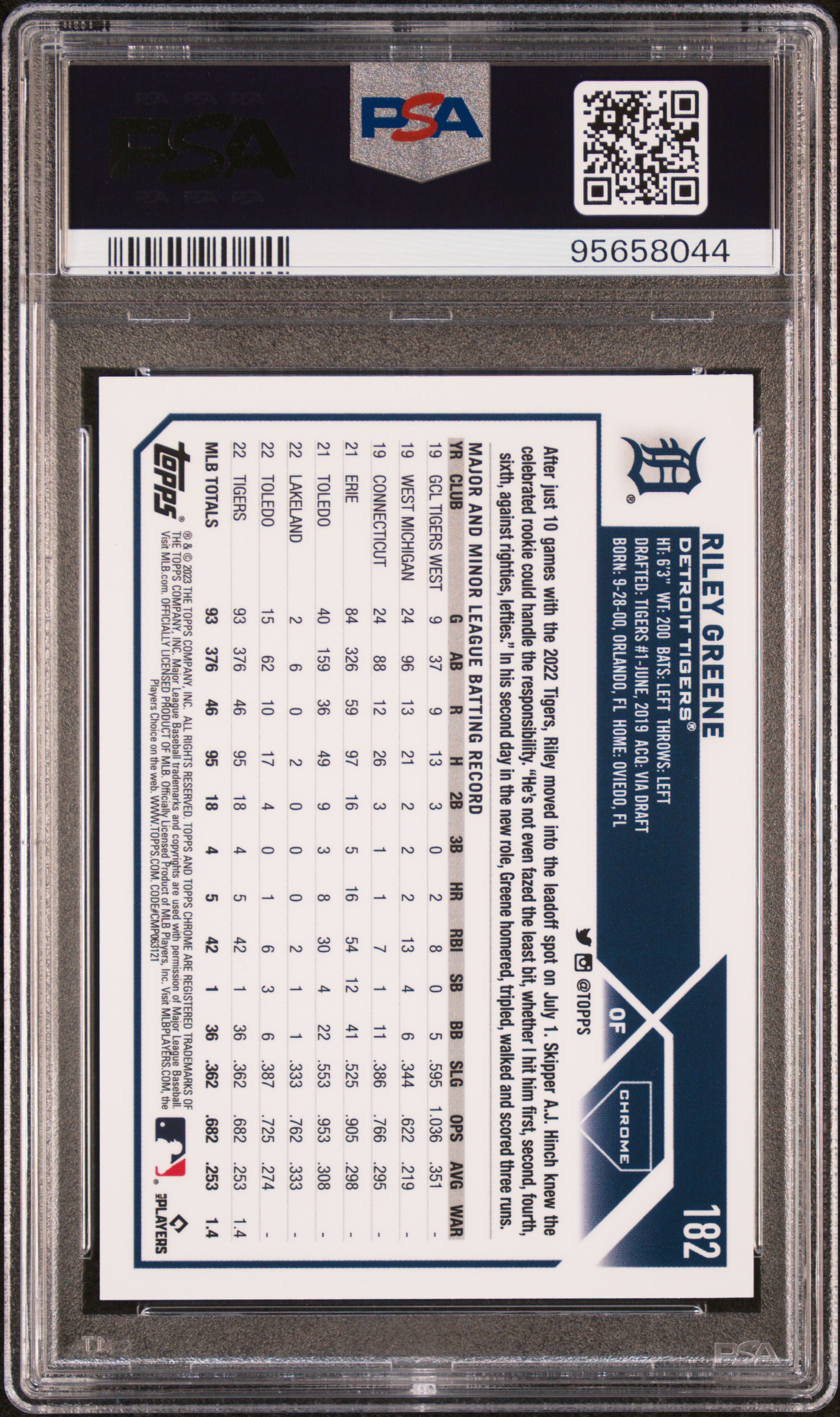 2023 Topps Chrome Riley Greene #182 (Purple Refractor) Gem Mt 10 back