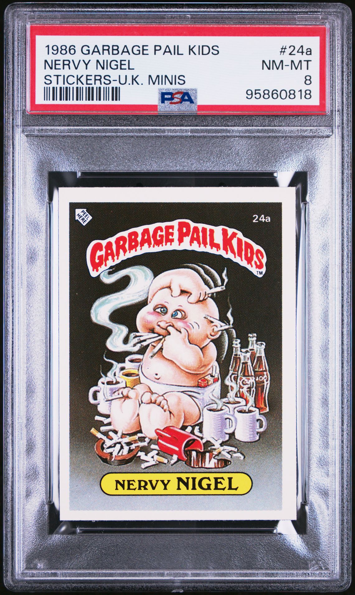 1986 Topps GARBAGE PAIL KIDS STICKERS-U.K. MINIS #24A Nervy Nigel front