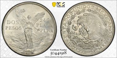 1921-Mo 2 Peso Centennial, 9 Tail F. KM-462  Ag MS61