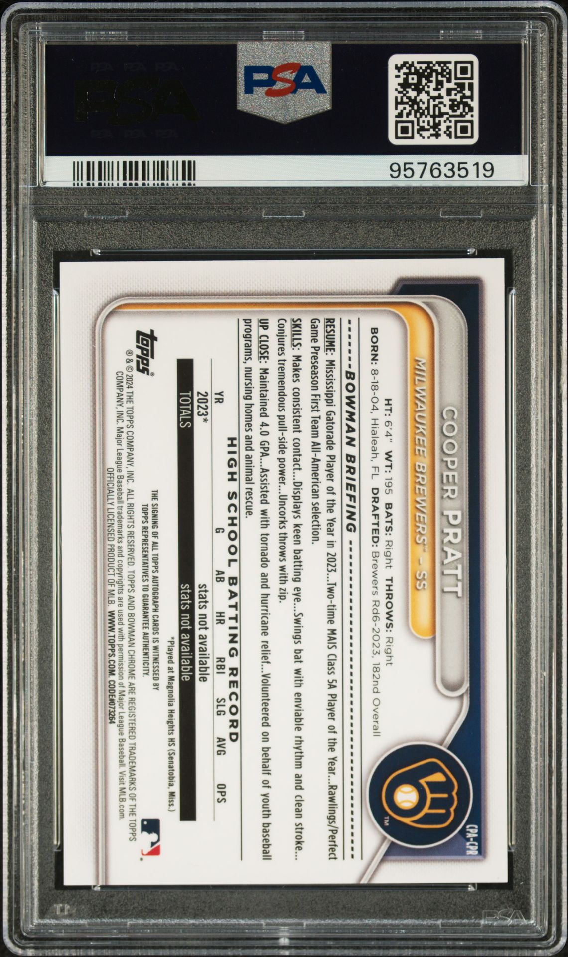 2024 Bowman Chrome Prospect Autographs Cooper Pratt #Cpacpr Mint 9 back