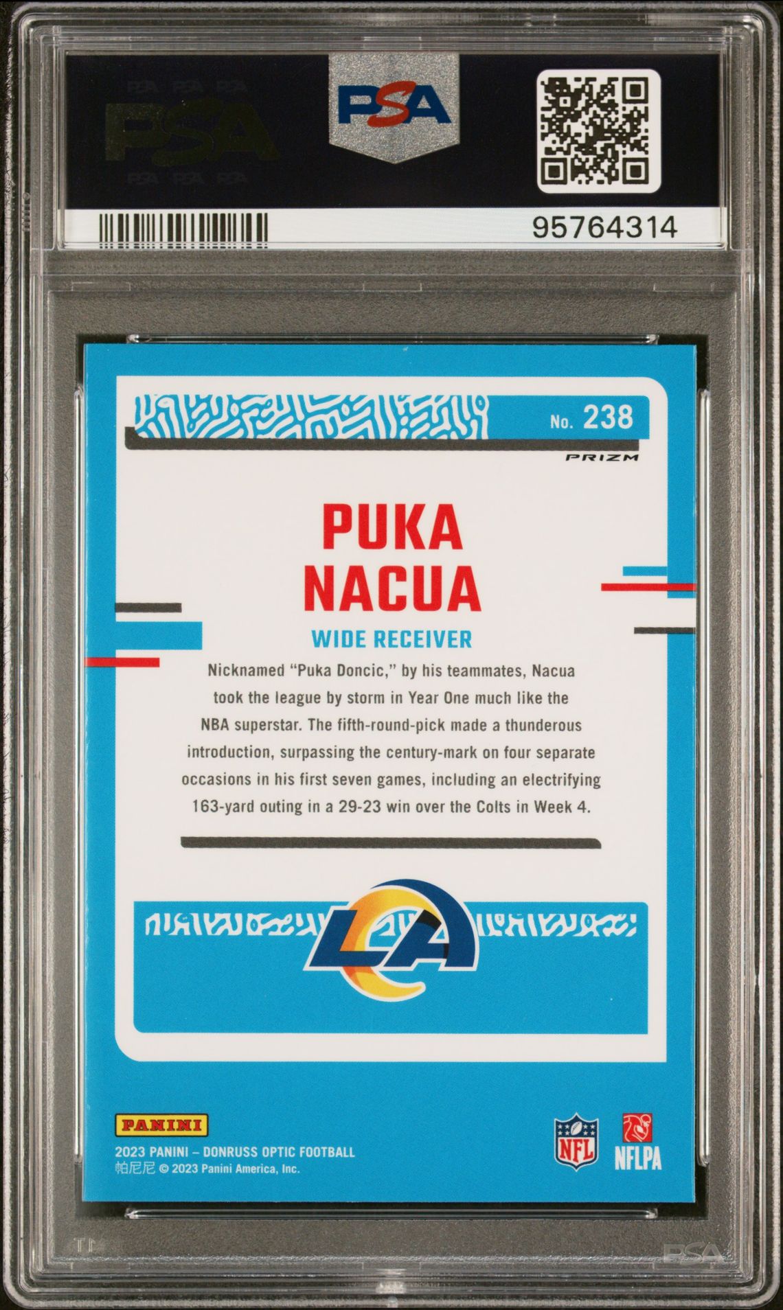 2023 Panini Donruss Optic Puka Nacua #238 (Blue Glitter) Gem Mt 10 back
