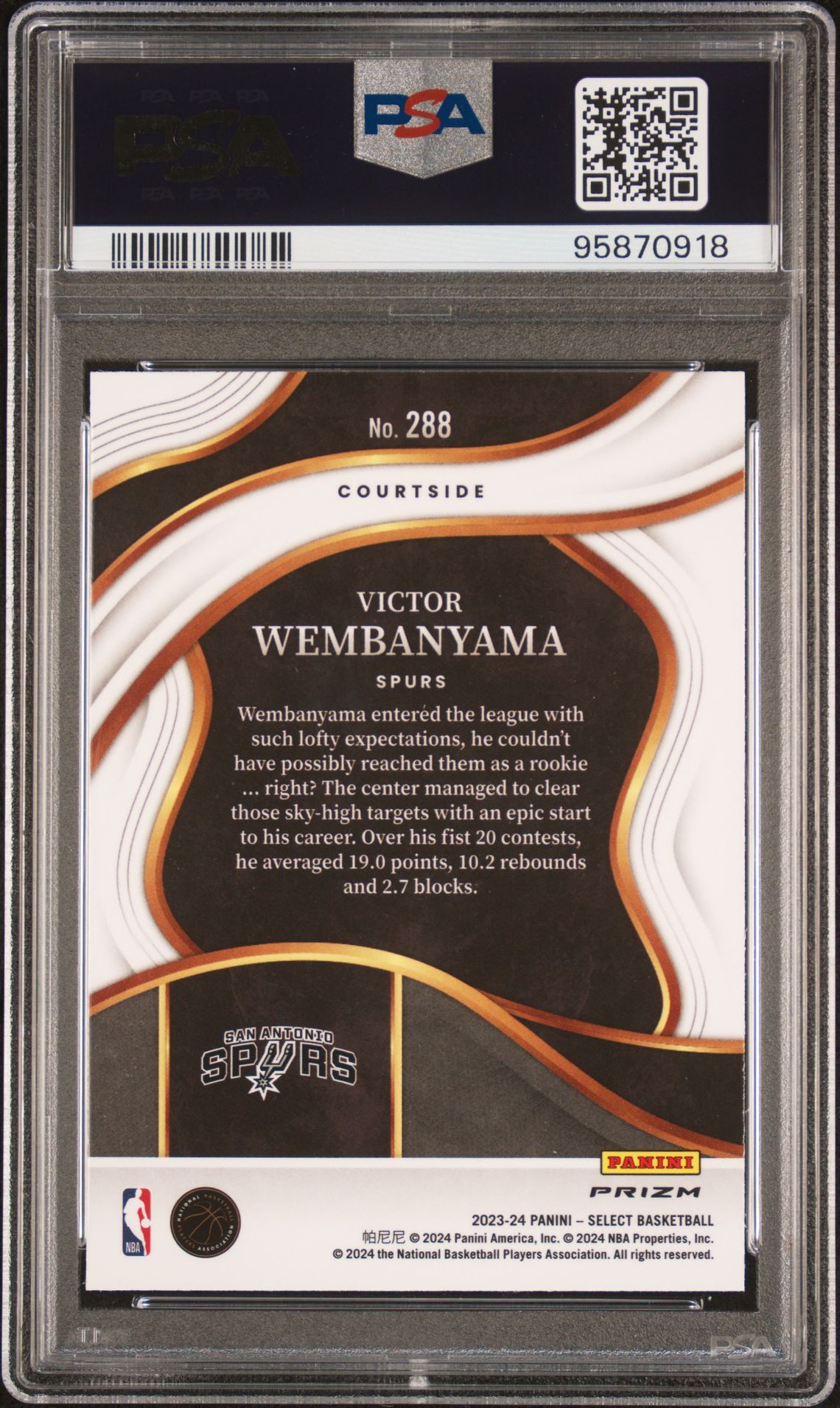 2023 Panini Select Victor Wembanyama #288 (Orange Flash) Gem Mt 10 back