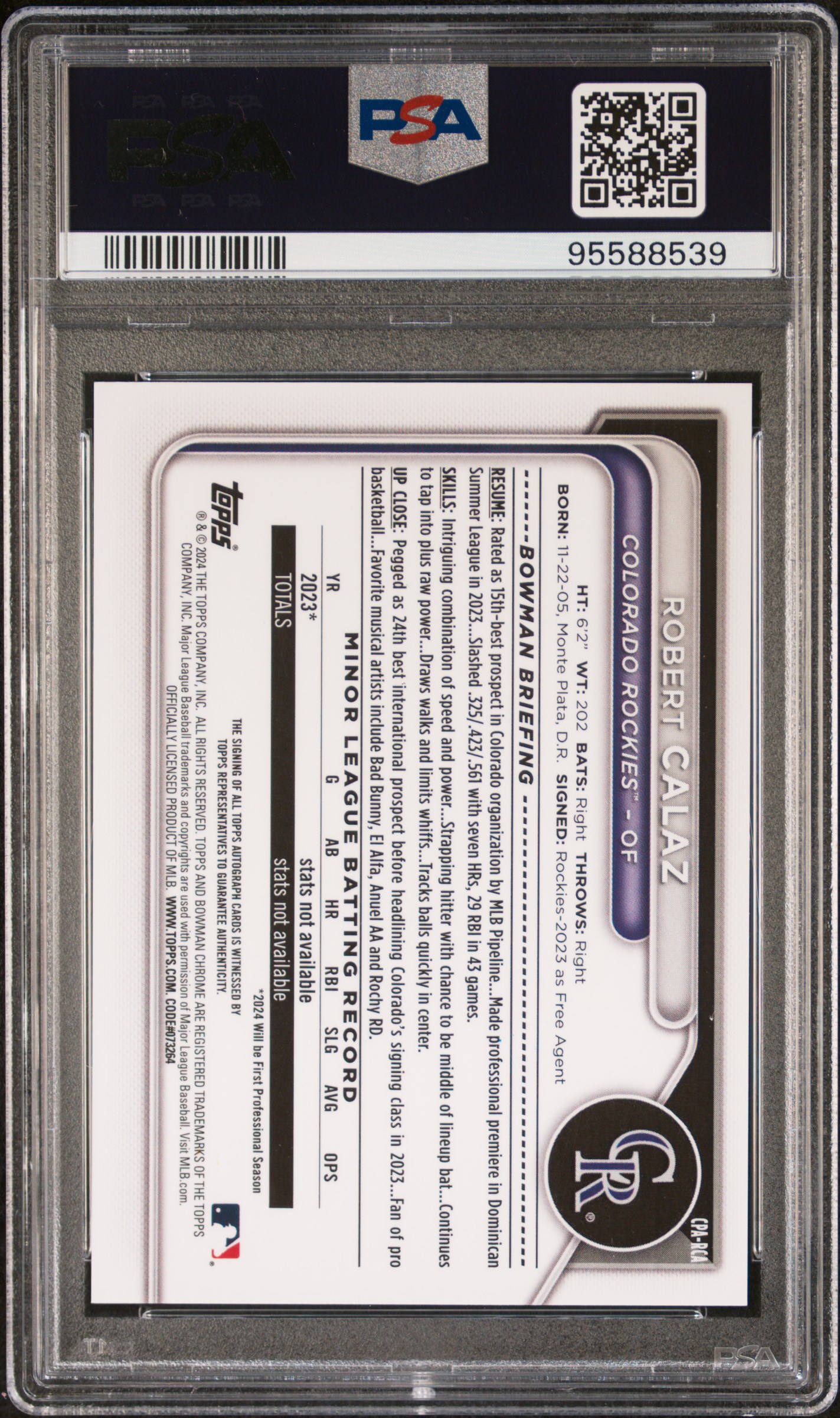 2024 Bowman Chrome Prospect Autographs Robert Calaz #Cparca (Chrome Prospect Au-Blue Ref) Gem Mt 10 back