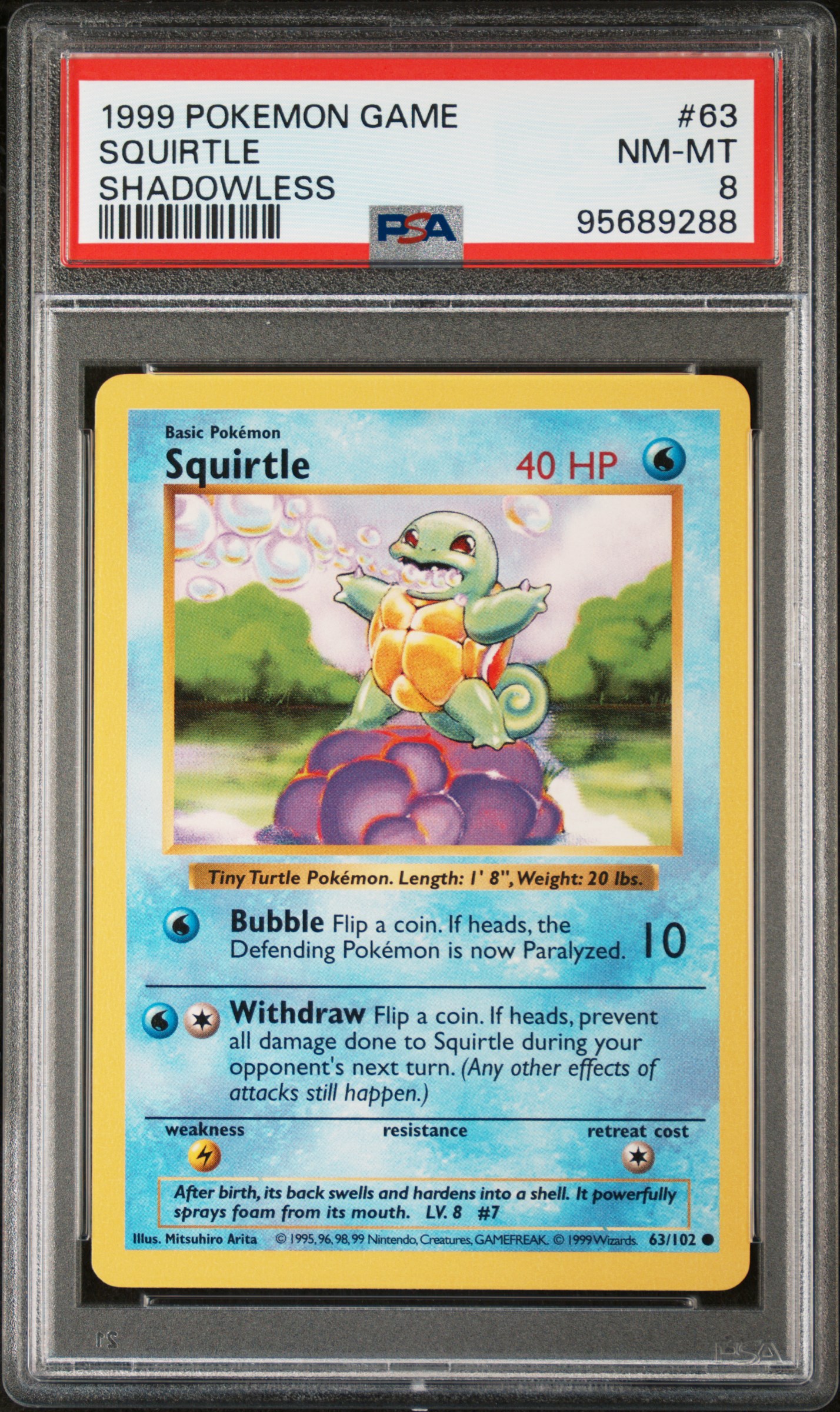 1999 #63 Squirtle Shadowless PSA 8 Game Pokemon