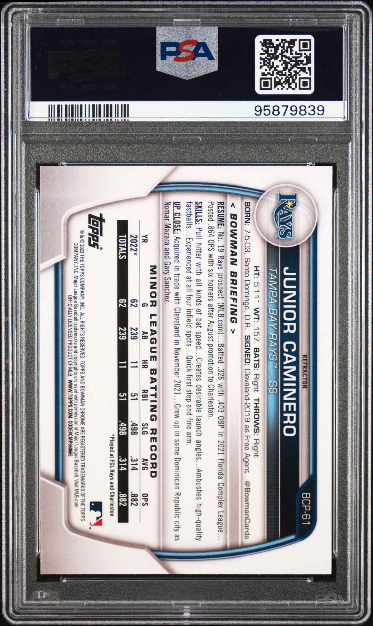 2023 Bowman Chrome Prospects Junior Caminero #Bcp61 (Chr.pros-Lunar Glow Ref.) Mint 9 back