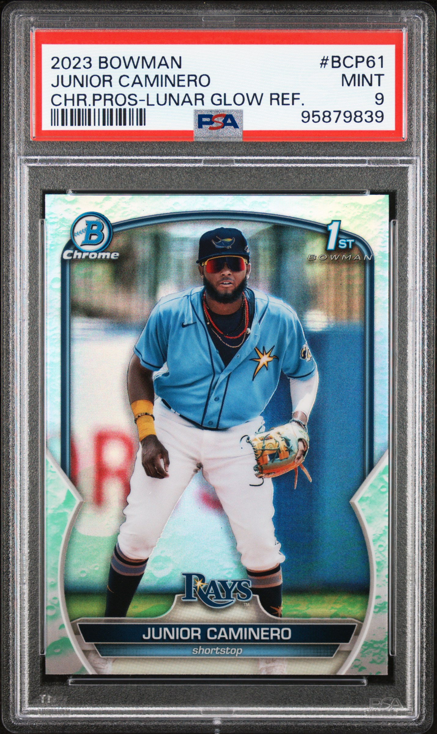 2023 Bowman Chrome Prospects Junior Caminero #Bcp61 (Chr.pros-Lunar Glow Ref.) Mint 9 front