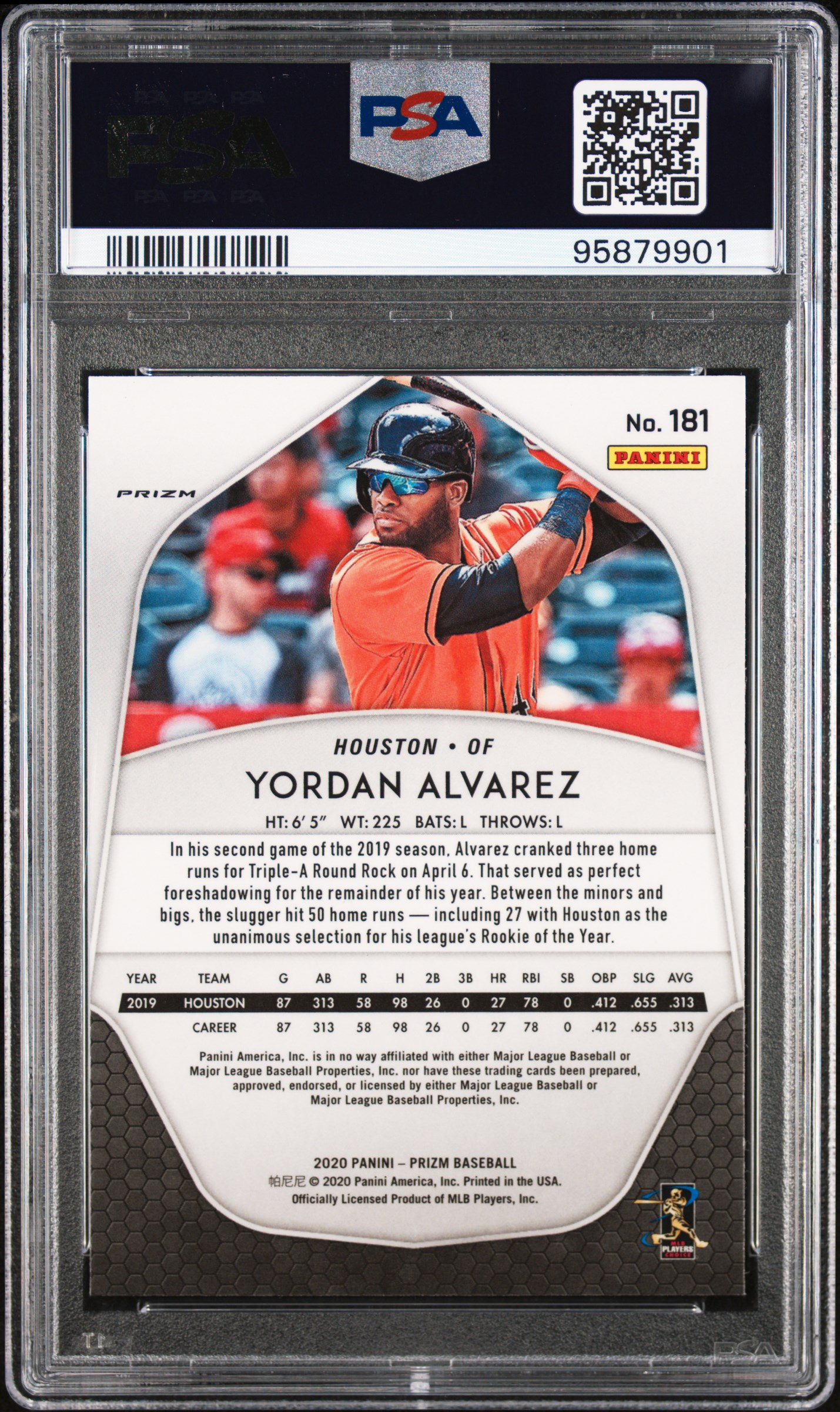 2020 Panini Prizm Yordan Alvarez #181 (Carolina Blue Prizm) Gem Mt 10 back