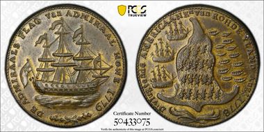 1779 AE Medal Rhode Island, Wreath Below Ship Betts-563 AU58