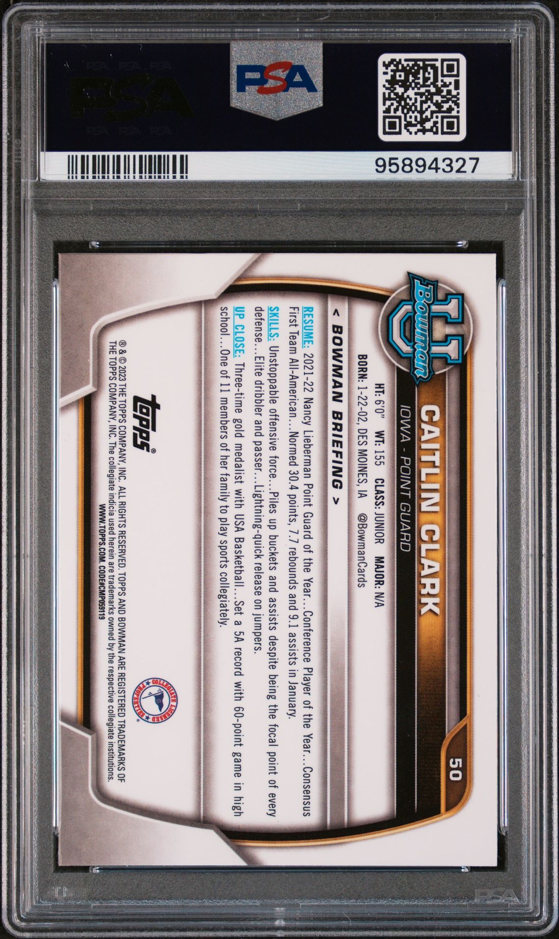 2022 Bowman Chrome University Caitlin Clark #50 Mint 9 back