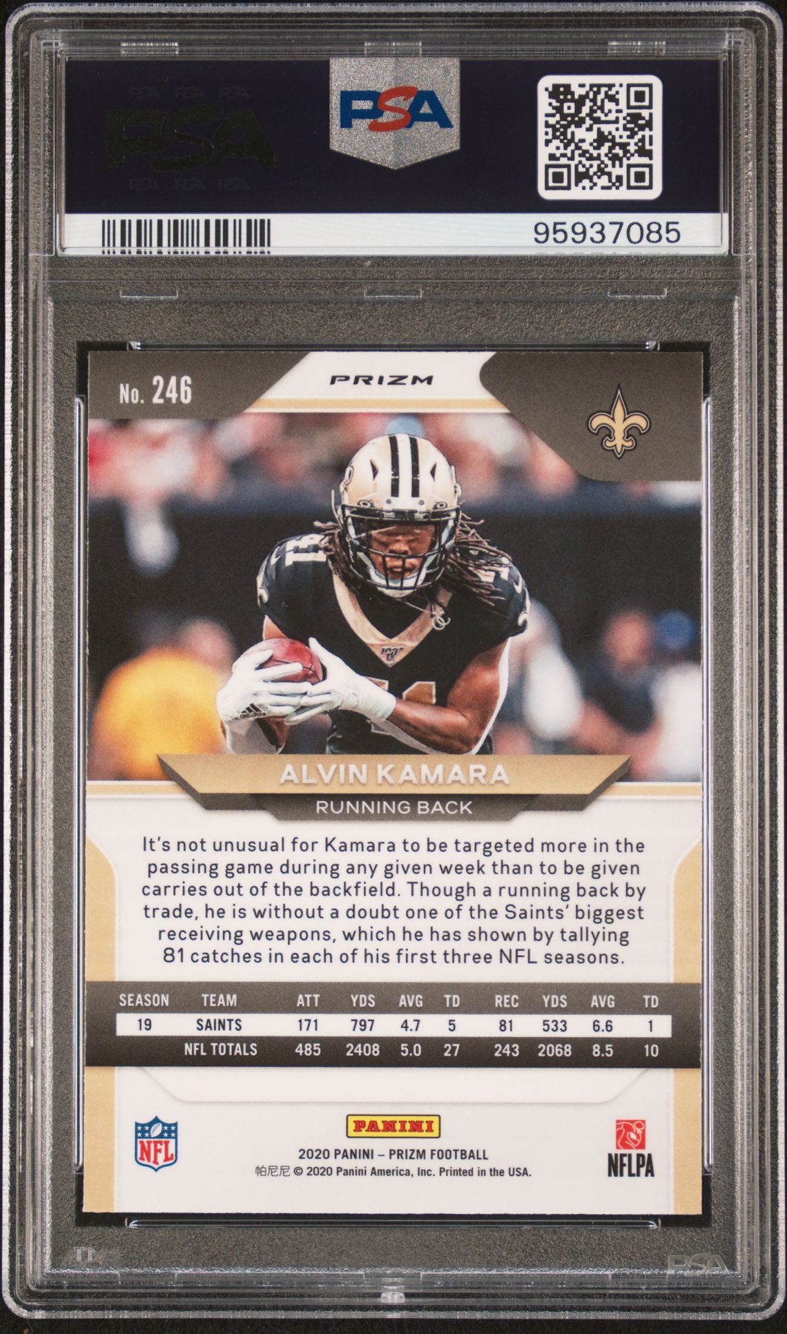 2020 Panini Prizm Alvin Kamara #246 (Light Blue Prizm) Gem Mt 10 back view - PSA certificate #95937085